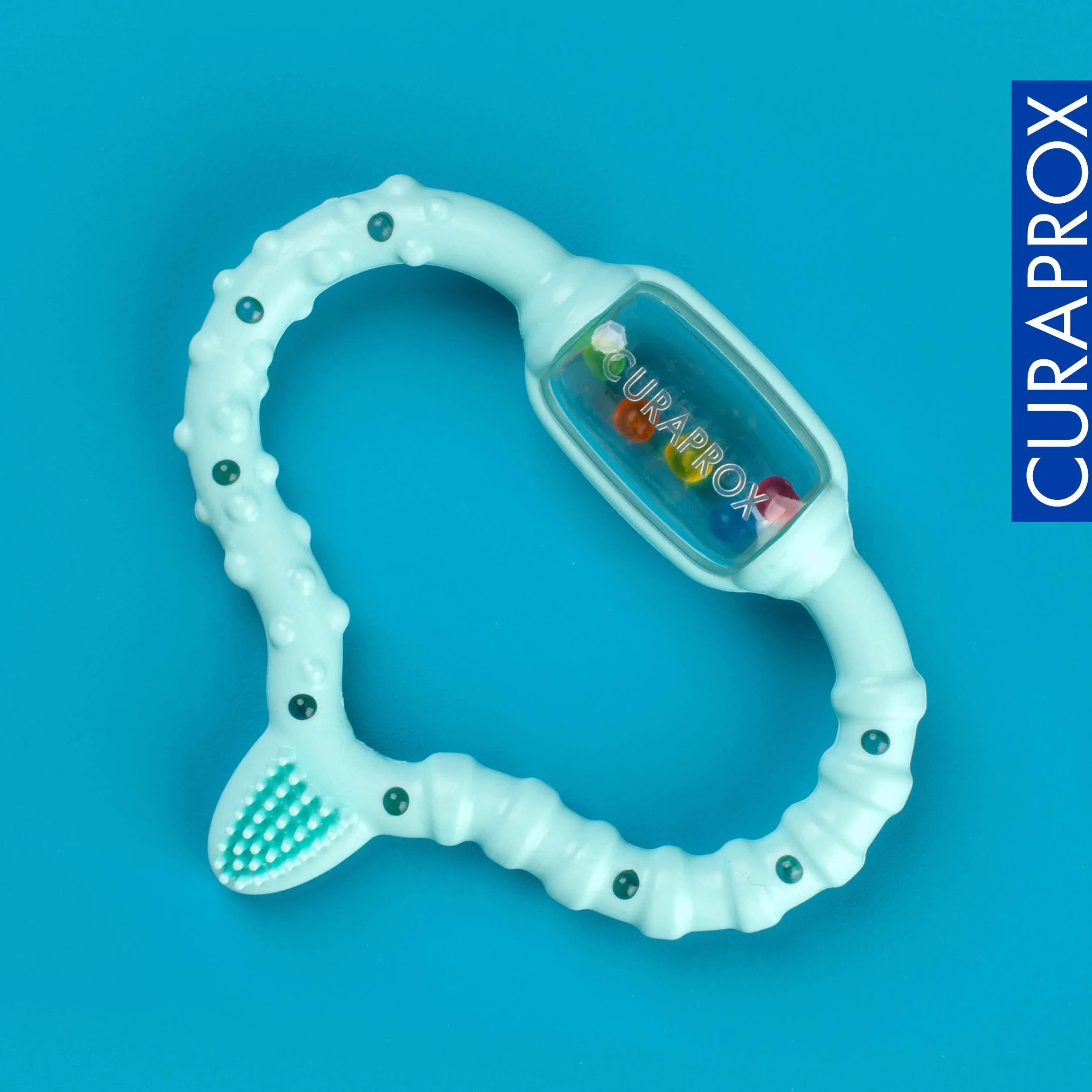 Curaprox Baby ząbkowany Pierścień-Dla Niemowląt 0-24 miesięcy/łagodzi dyskomfort ząbkowania i stymuluje rozwój sensoryczny | bez BPA, turkusowy, ze szczoteczką treningową/Made in Switzerland