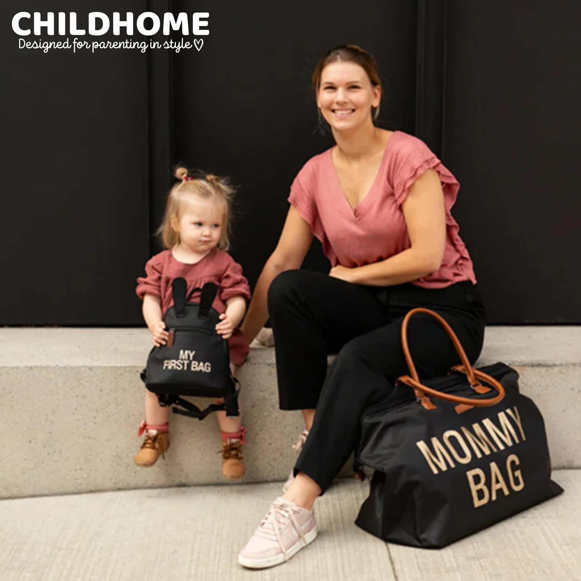 CHILDHOME, Mommy Bag, torba na pieluchy, dla kobiet w ciąży, torba podróżna, duża pojemność, mata do przewijania, regulowany pasek na ramię, izolowana kieszeń, przejście na walizkę, czarny/złoty