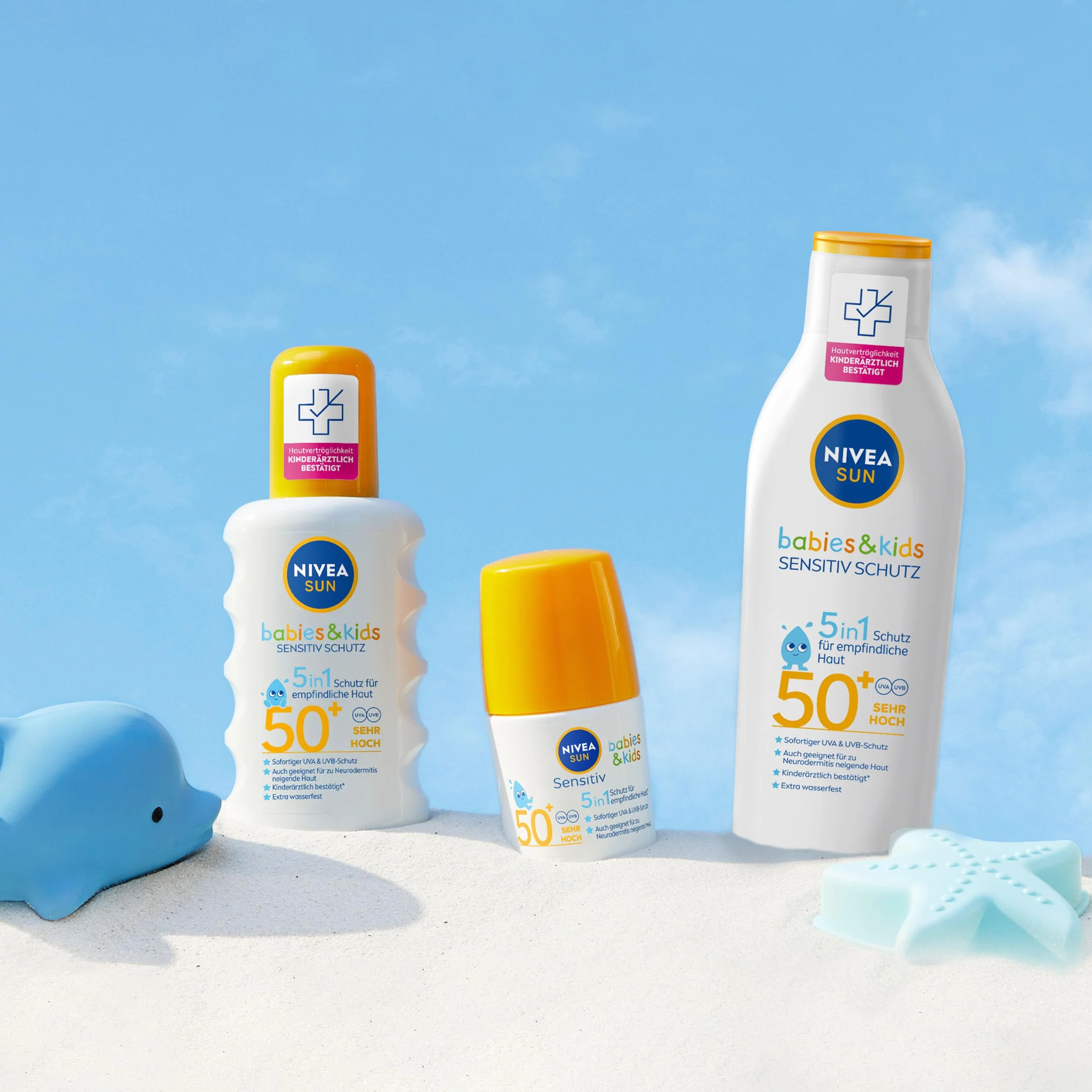 NIVEA SUN Kids Sensitiv ochrona i pielęgnacja mleczko do opalania SPF 50+ (200 ml), bardzo wodoodporny krem przeciwsłoneczny z SPF 50+, balsam do opalania dla wrażliwej skóry dziecka