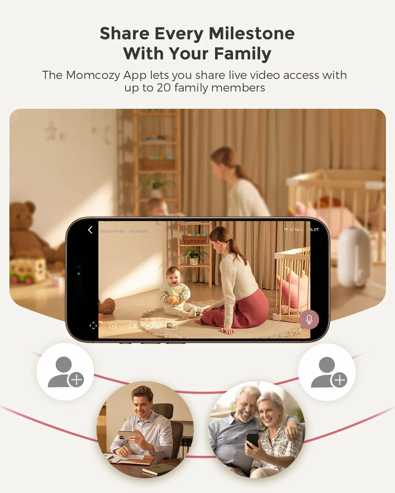 Monitor wideo dla niemowląt Momcozy BM04, 5-calowy monitor Wi-Fi 1080P, 4-krotny zoom, wykrywanie ruchu i płaczu, bezpieczna strefa, wyraźny obraz w nocy