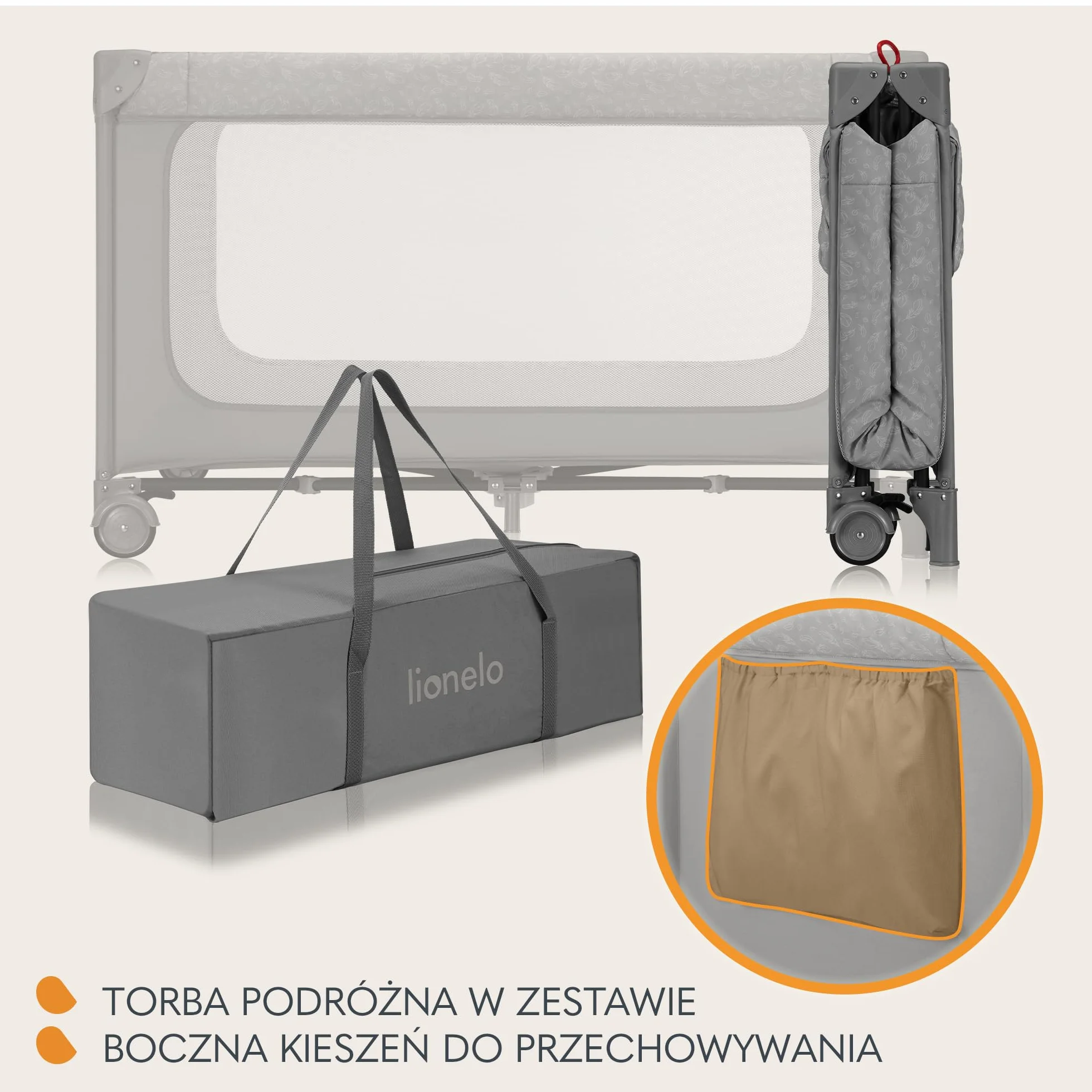 LIONELO Jasmin Easy Fold Łóżeczko Turystyczne Dziecięce do 15 kg od 0 do 36 miesięcy Piankowy Materac T25, 2 Poziomy Wysokości, Szybkie Składanie Easy Fold, Boczne Wejście, Kółka (Szary)