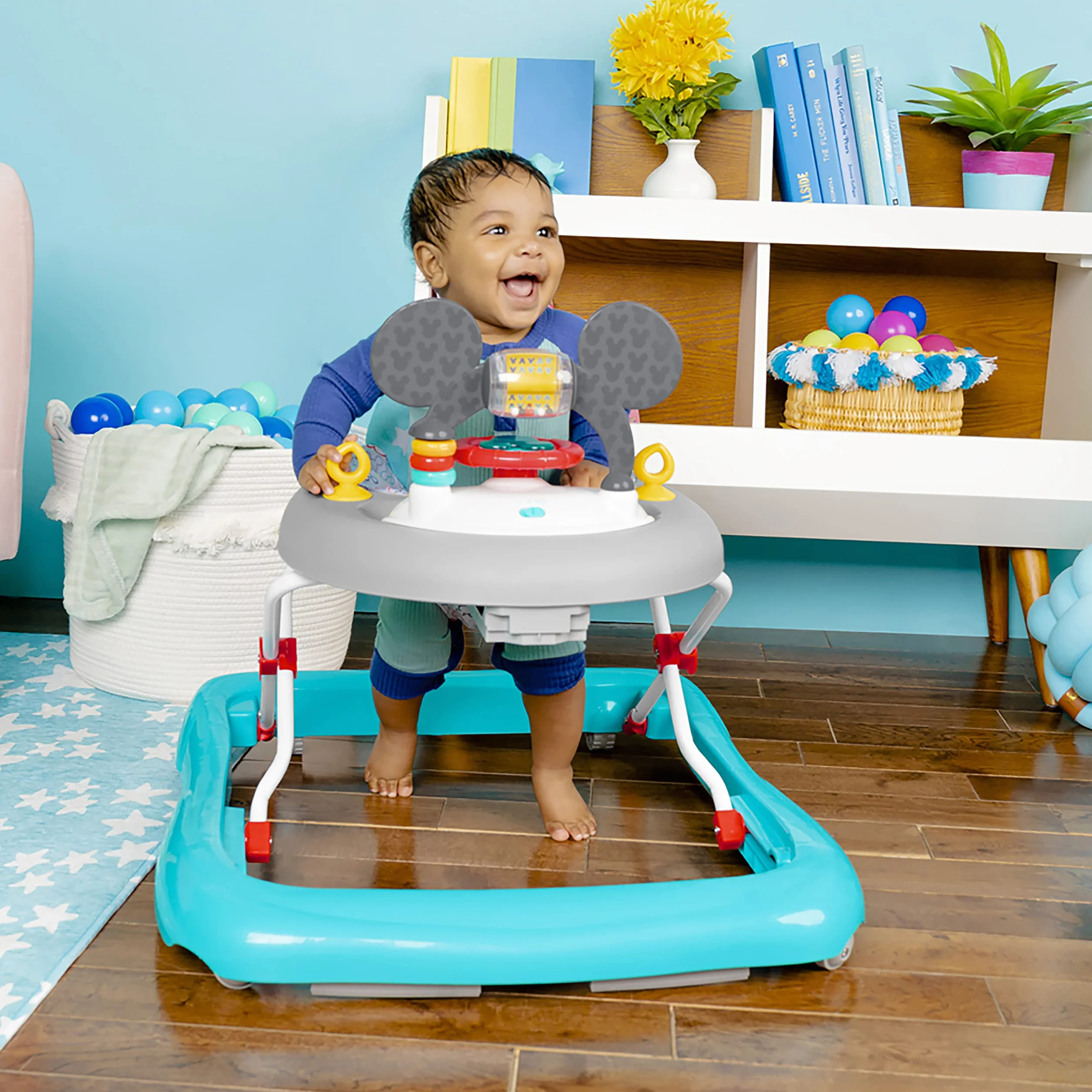 Bright Starts, Disney Baby, Myszka Miki, oryginalna bestie chodzik do aktywności 2 w 1, ze zdejmowaną stacją zabawkową ze światłami, piosenkami i dźwiękami, regulowana wysokość, łatwy do czyszczenia,