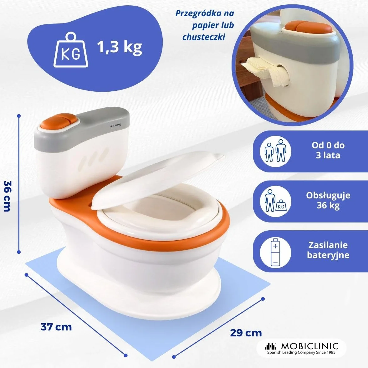 Mobiclinic® kids, Nocnik dla dzieci, Toikid, Wiek 1-6 lat, Z pokrywką, Dźwięk spłukiwania, Przegroda na papier toaletowy, Zasilany bateriami, Wyjmowana misa, Nieprzemakalne siedzisko