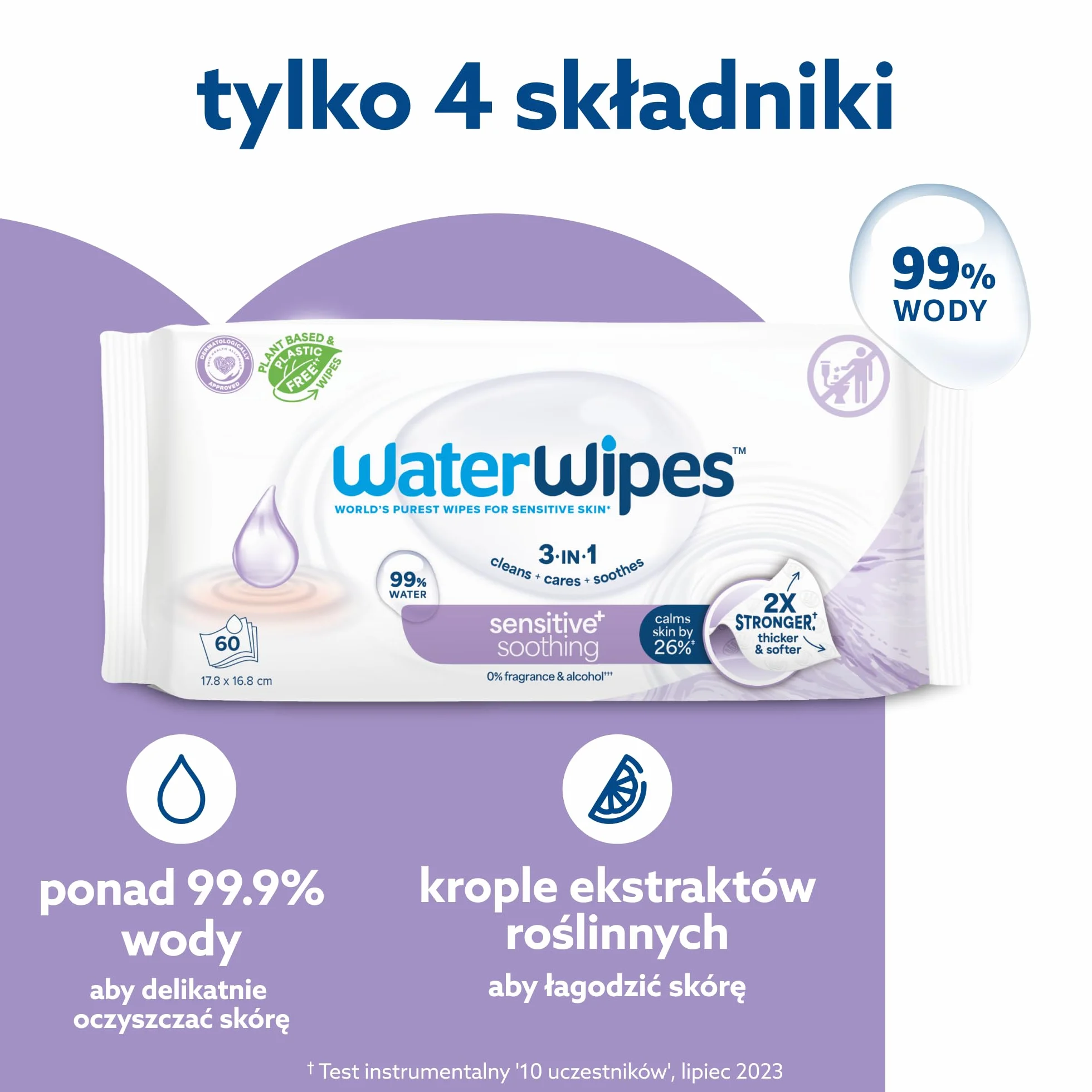 WaterWipes Sensitive+ Soothing Clean Wipes, Chusteczki nawilżane łagodzące, 720 sztuk (opakowanie 12), 3 w 1: Delikatnie oczyszczają, pielęgnują, koją, 99% wody z ekstraktem roślinnym