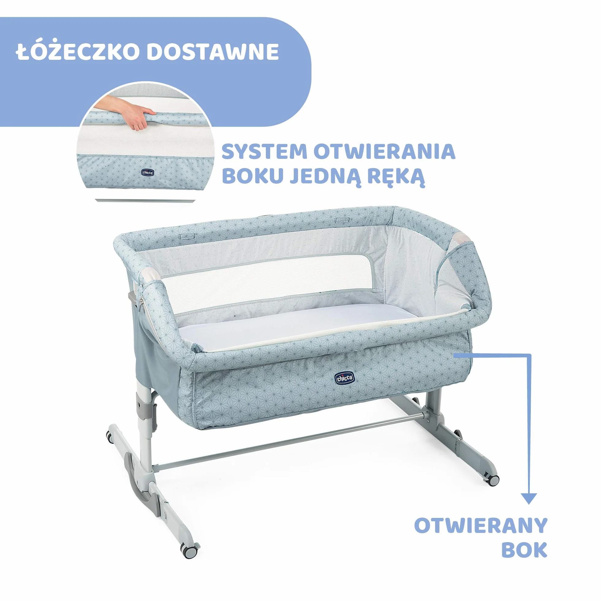 Chicco Next2Me Dream, Łóżeczko dziecięce boczne, łóżeczko do wspólnego spania, otwierany tył, regulowana wysokość, 4 koła i torba podróżna, 0-6 miesięcy, 9 kg, jasnoniebieski