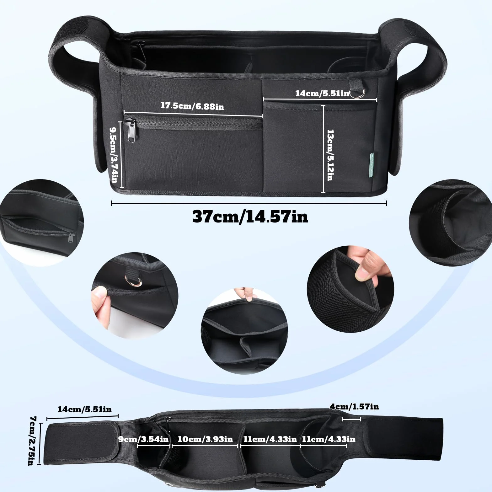Homlynn Organizer do wózka dziecięcego, wielofunkcyjny wózek dziecięcy, torba do przechowywania wózków dziecięcych, kieszeń na telefon komórkowy, 2 uchwyty na kubki i pasek na ramię, organizer na
