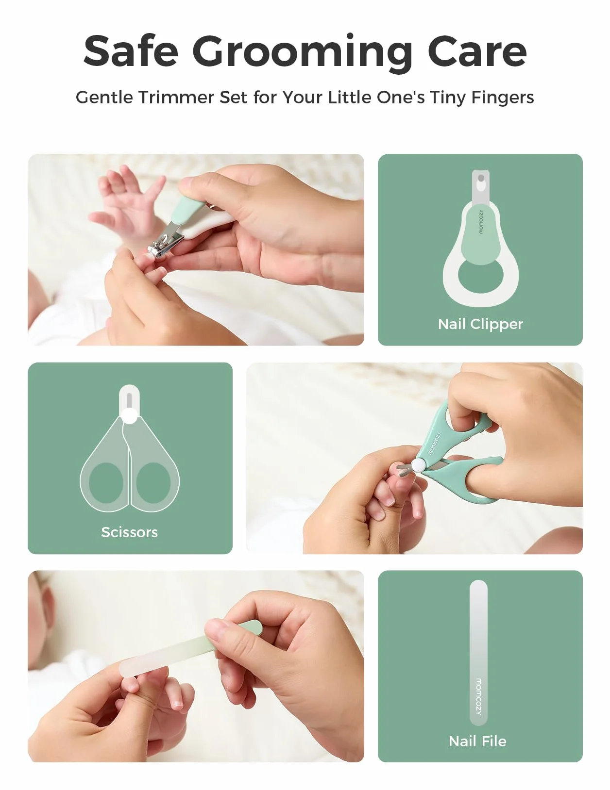 Momcozy Core Baby Kit, podstawowy zestaw dla dziecka do pielęgnacji i zdrowia oraz czyszczenia, zestaw pilniczek do paznokci, aspirator do nosa, rury do odgazowania, szczotki do kąpieli, szczoteczka