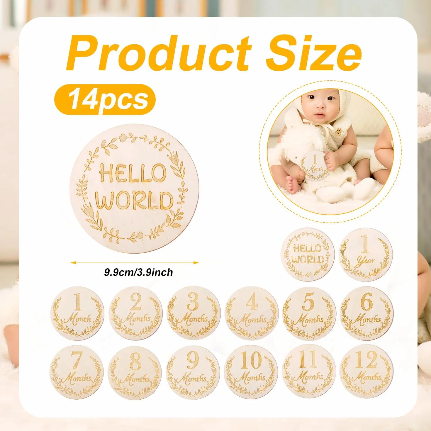 14 Kartek Miesiecznych dla Dzieci, Drewniany Krazek Tabliczki dla Dzieci w Wieku 1-12 Miesiecy Tabliczki dla Noworodków na Baby Shower Dekoracje na Pierwsze Urodziny (Styl 1)