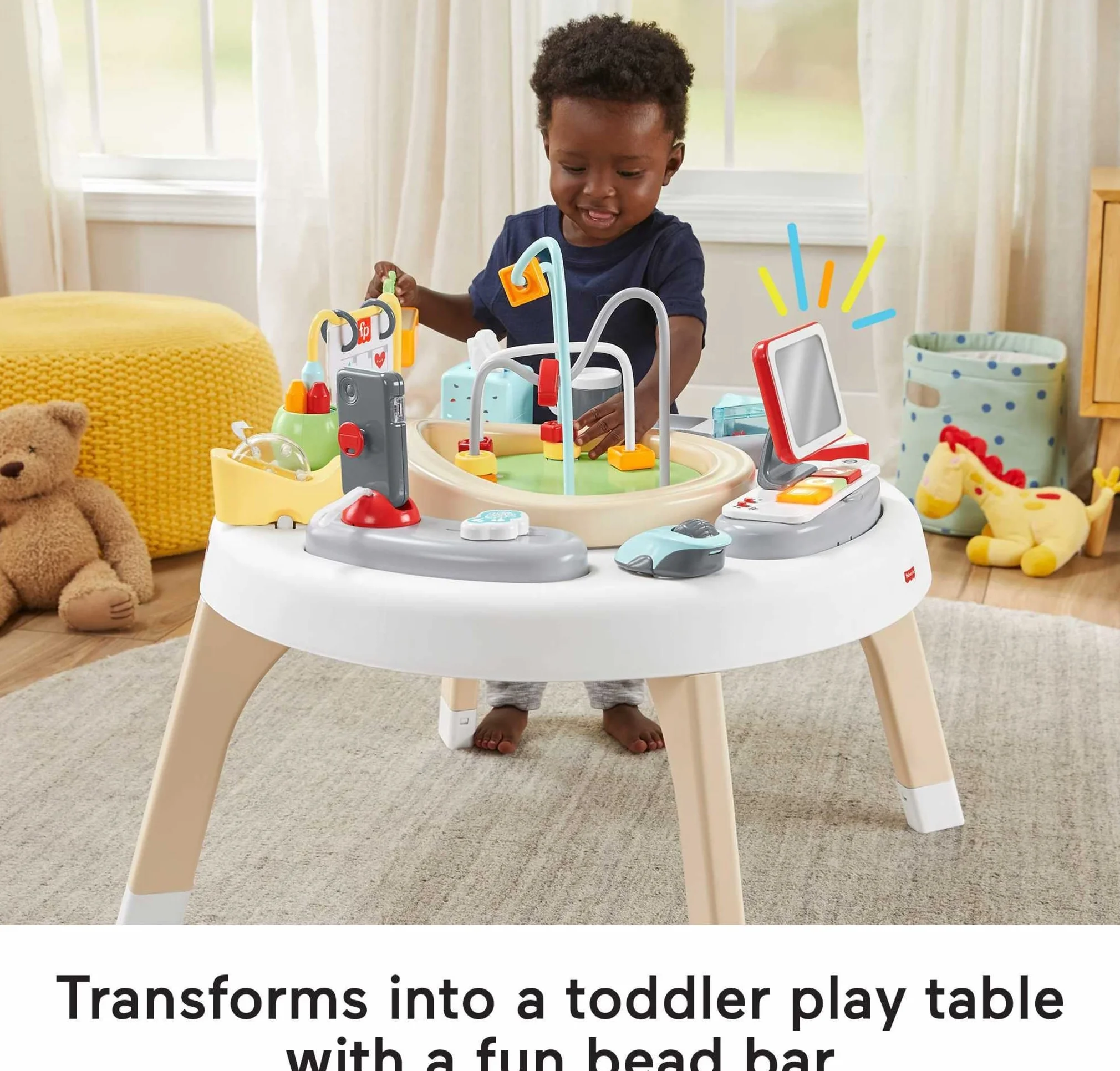 Fisher-Price Mały szef 2 w 1, aktywizujące centrum zabaw dla niemowląt i stoliczek do zabawy z muzyką, światełkami i dźwiękami dla małych dzieci, HBM26