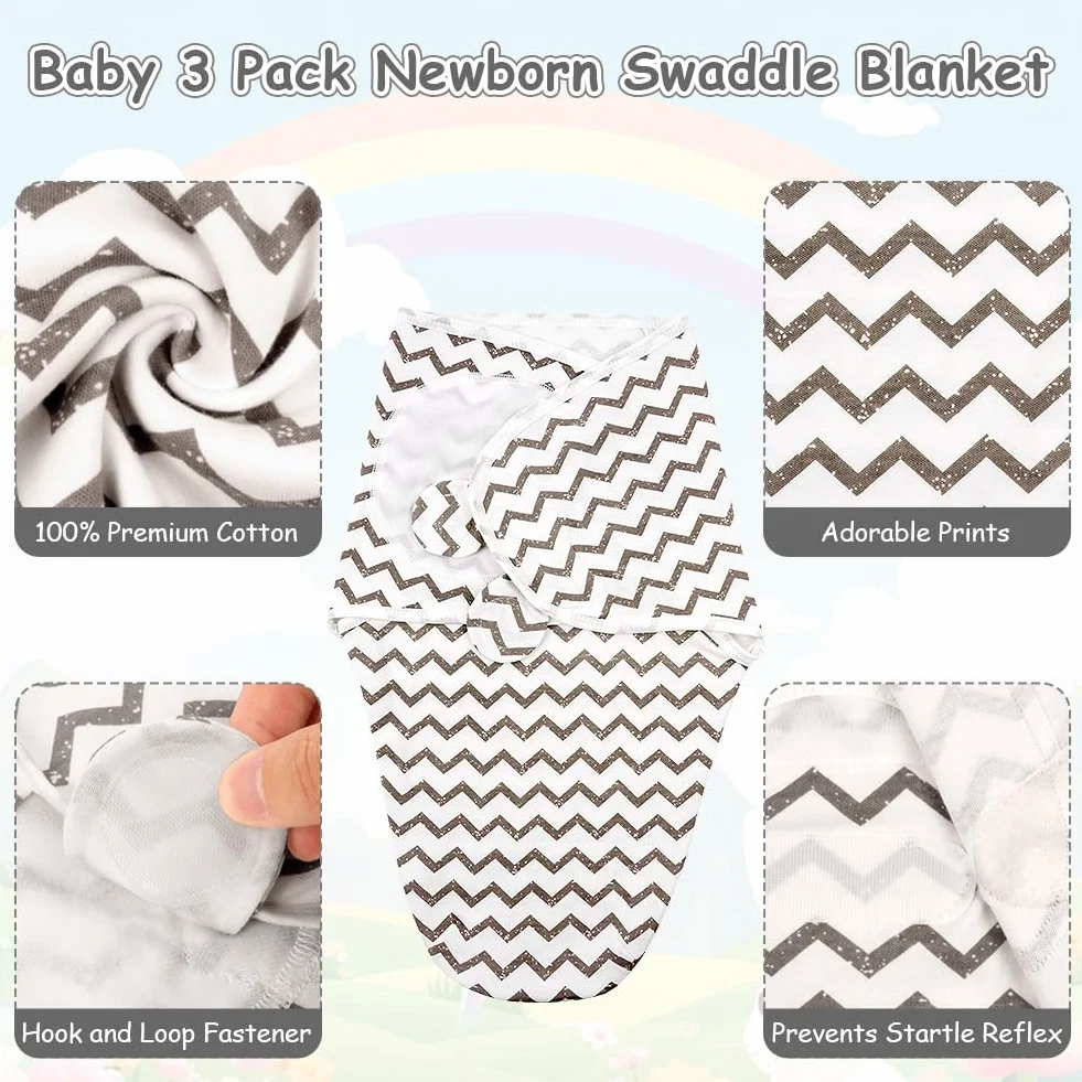 Śpiwór dla niemowląt, 0–3 miesięcy, ekologiczne śpiwory bawełniane dla noworodków, koc swaddle, śpiwór dla dzieci w tkaninie unisex 3-pack (ciemnoszary)