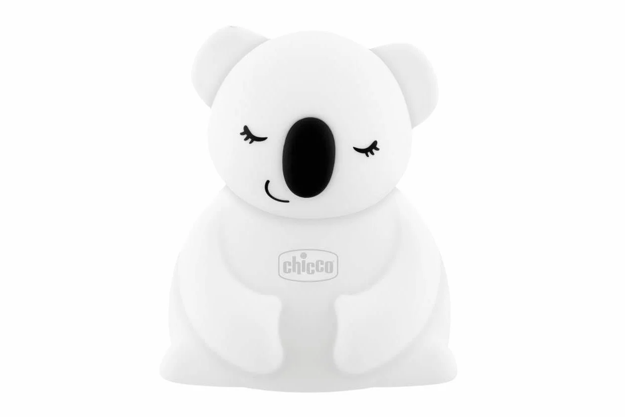Chicco Lampka nocna Koala z możliwością ładowania, wielokolorowa lampka nocna LED z miękkiego silikonu, 8 kolorów, aktywacja jednym dotknięciem, bez podgrzewania, ładowarka z kablem USB
