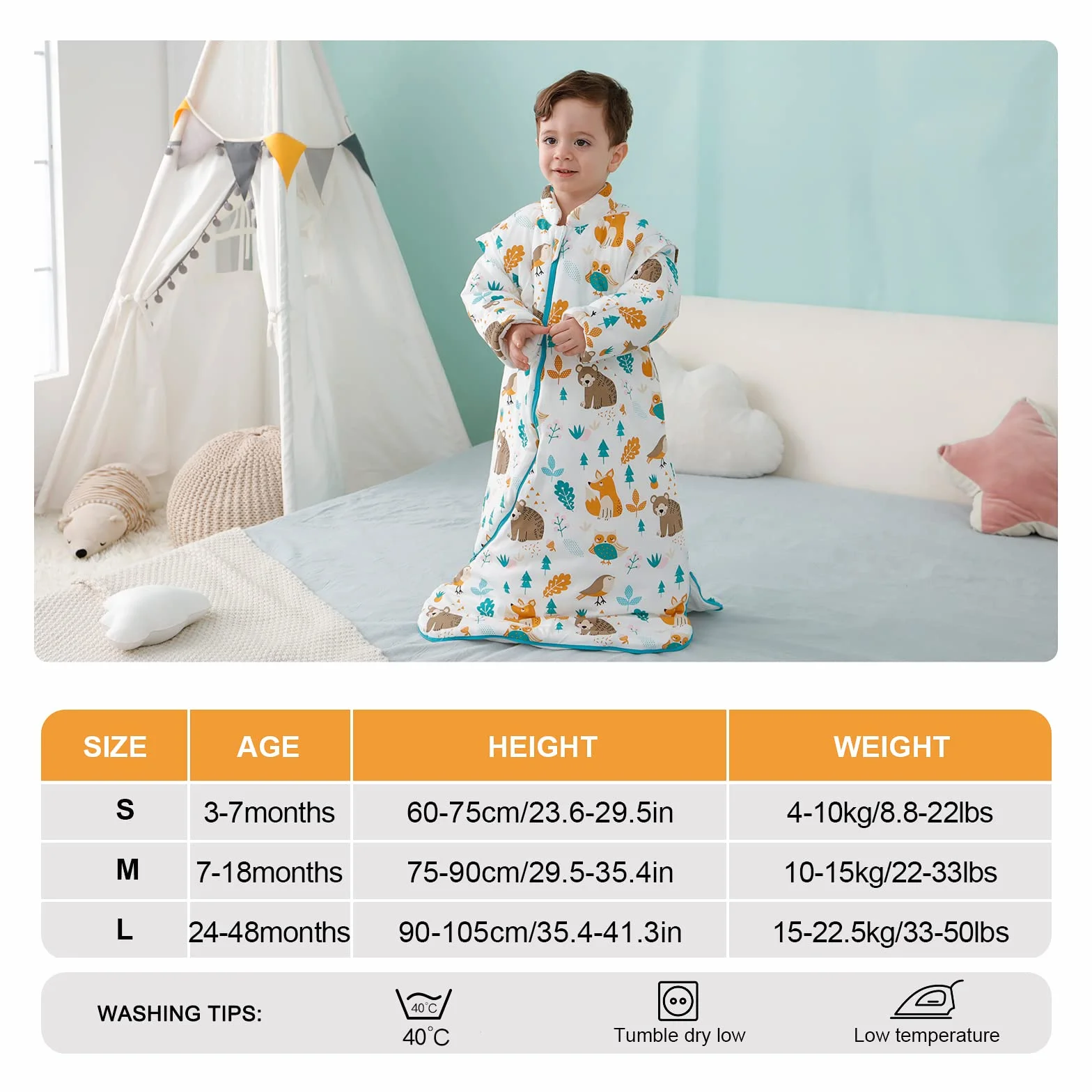 Śpiwór zimowy dla dzieci, 3,5 Tog, bawełna organiczna, różne rozmiary od urodzenia do 4 lat
