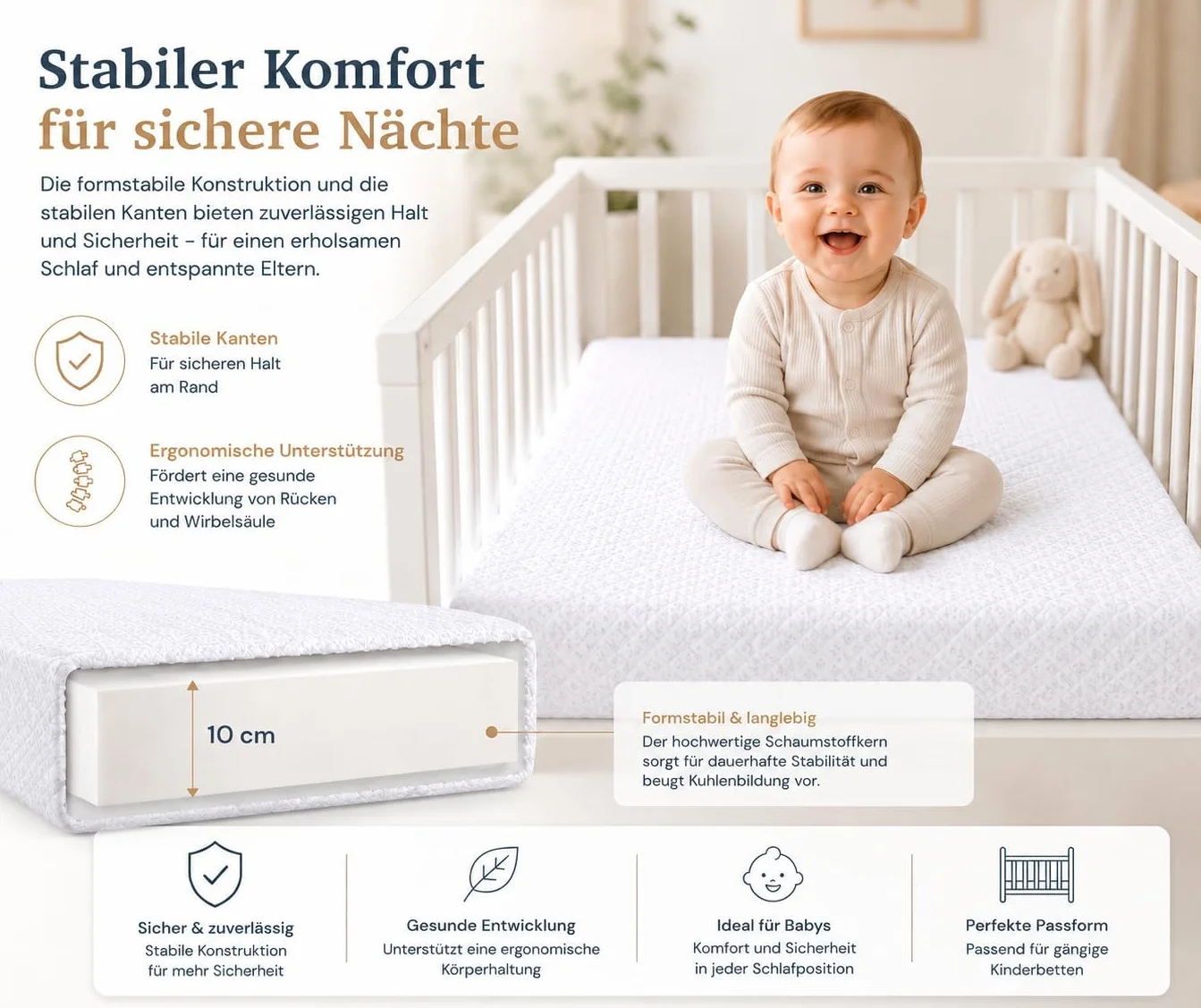 Comfort materac Maxi – 60 x 120 x 10 cm – zrównoważony – można go zwinąć, sprawdzony pod kątem substancji szkodliwych, 100% polibawełna, poszewka nadająca się do prania