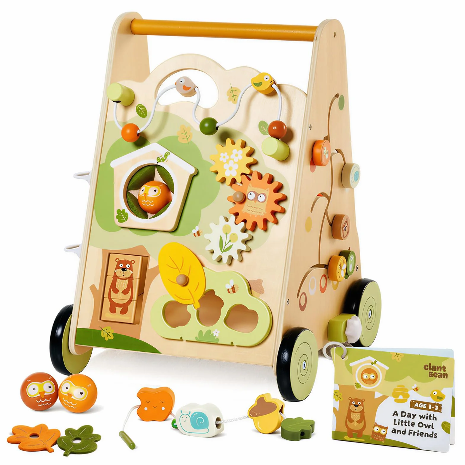 Drewniany Chodzik dla Dzieci Wooden Push Walker 8-w-1 z Centrum Aktywności, Regulowana Prędkość, Antypoślizgowe Kółka