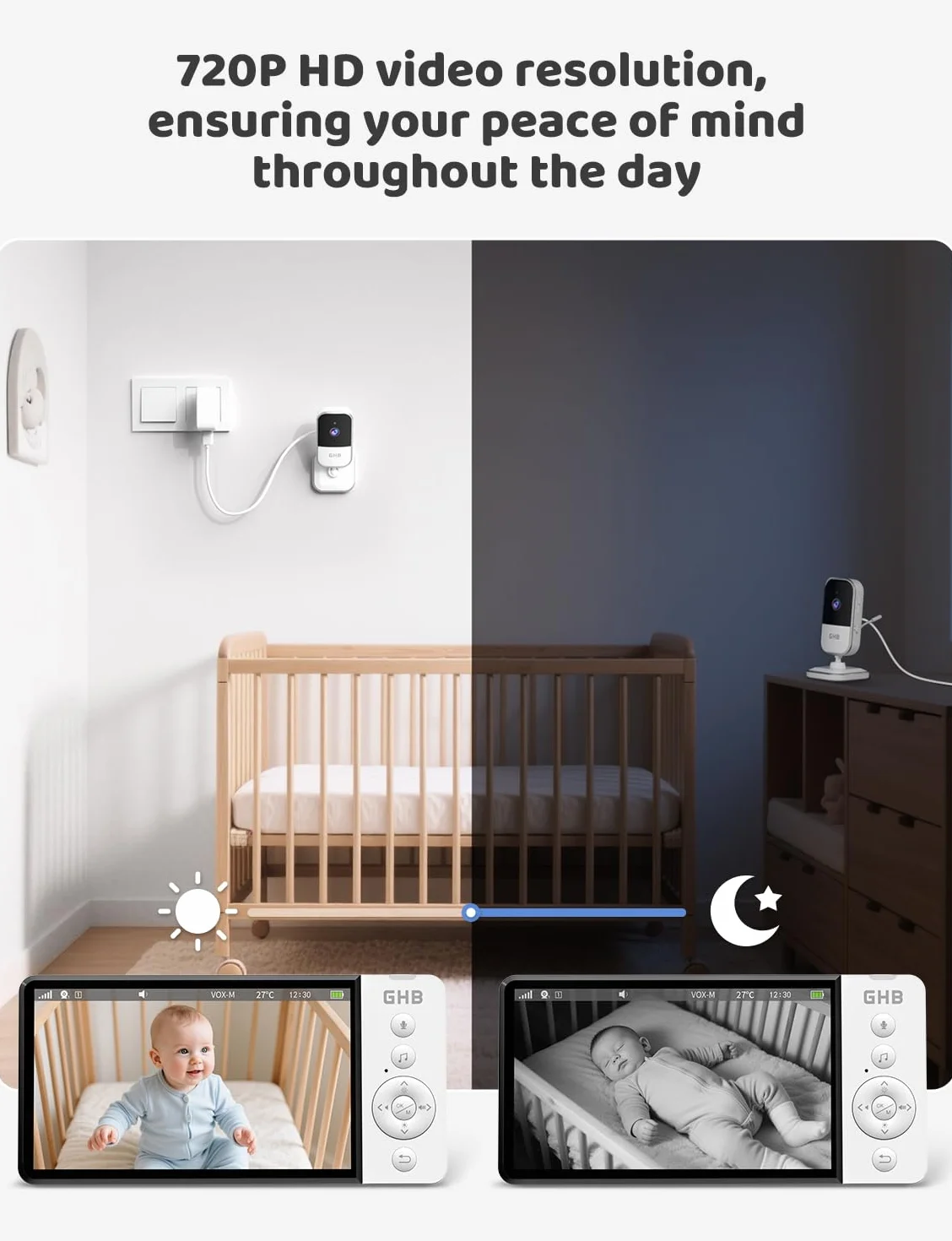 GHB Babyphone Camera 5" 720P HD 5000mAh ekran IPS VOX czujnik temperatury 4-krotny zoom dwukierunkowy dźwięk regulowana głośność