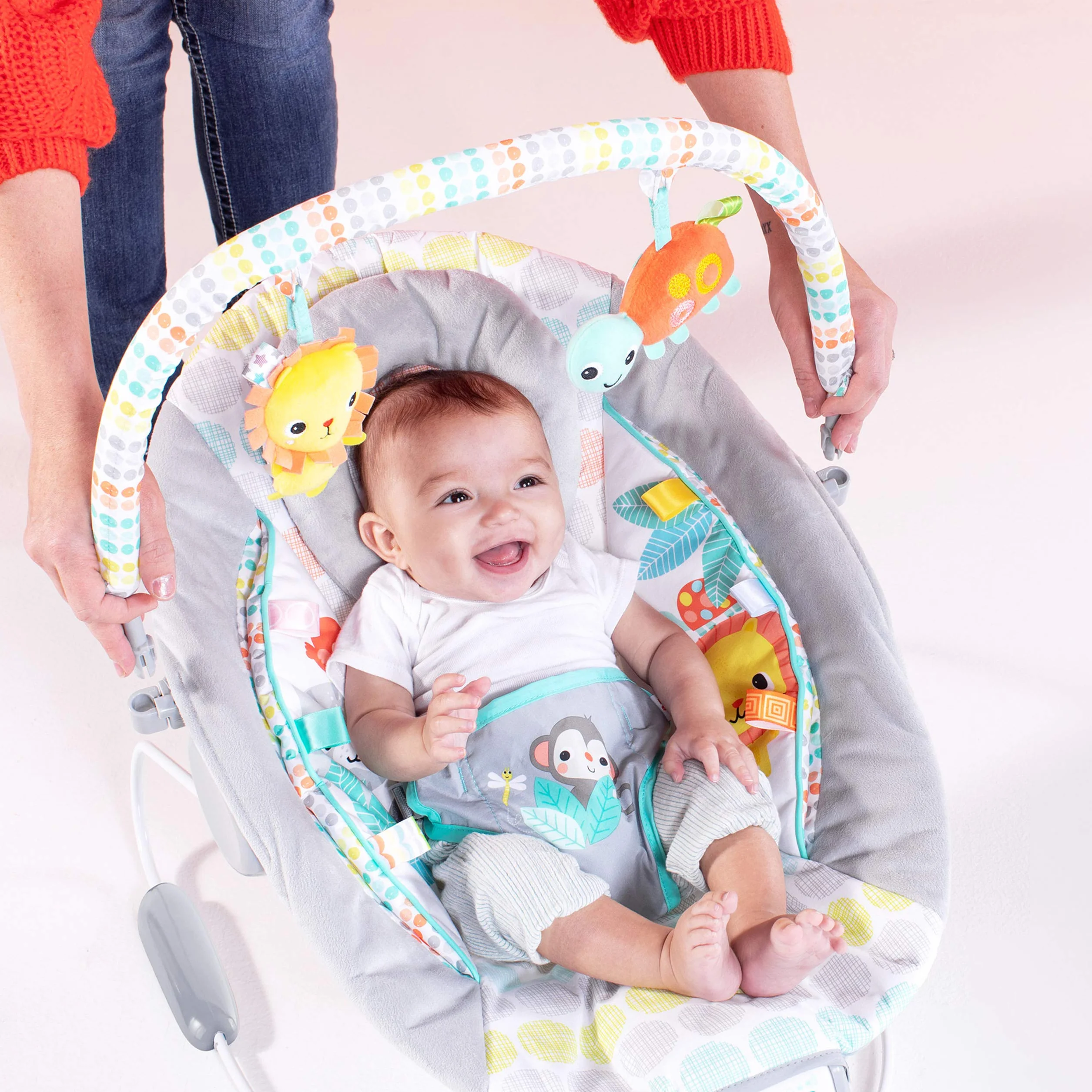 Bright Starts Wygodne siedzisko dla niemowląt, kojące wibracje, muzyka, zdejmowany, 0-6 miesięcy do 9 kg (kapryśny dziki)