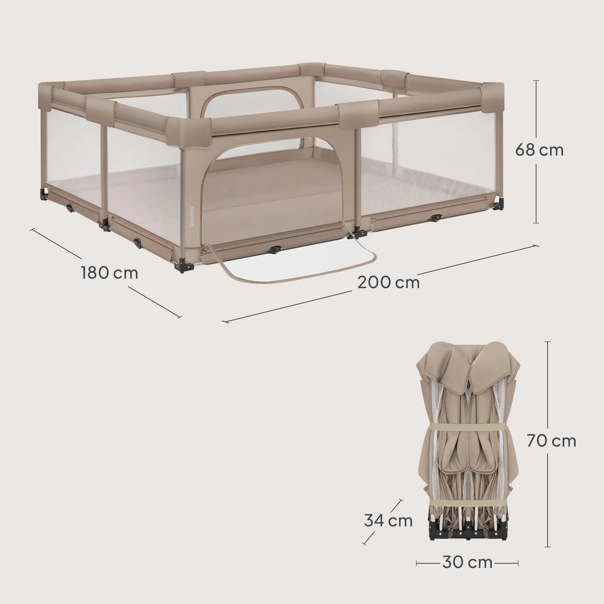 Lionelo Florence XL Easy Fold Kojec dla niemowląt, 180 x 200 cm, składany kojec dla niemowląt, bez montażu, 2 wejścia boczne z zamkiem błyskawicznym, oddychająca siatka, miękkie krawędzie, torba