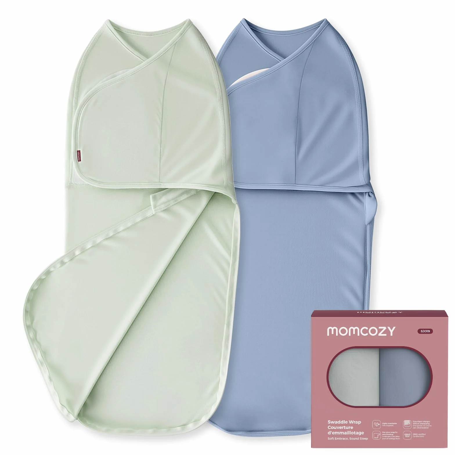 Momcozy Śpiwór niemowlęcy w wieku 0-3 miesięcy, ciche zamknięcie, Swaddle dla świeżo upieczonych rodziców, redukuje odruch odstraszający, niezbędny dla noworodków 0-3 miesięcy, 2 sztuki, niebieski i