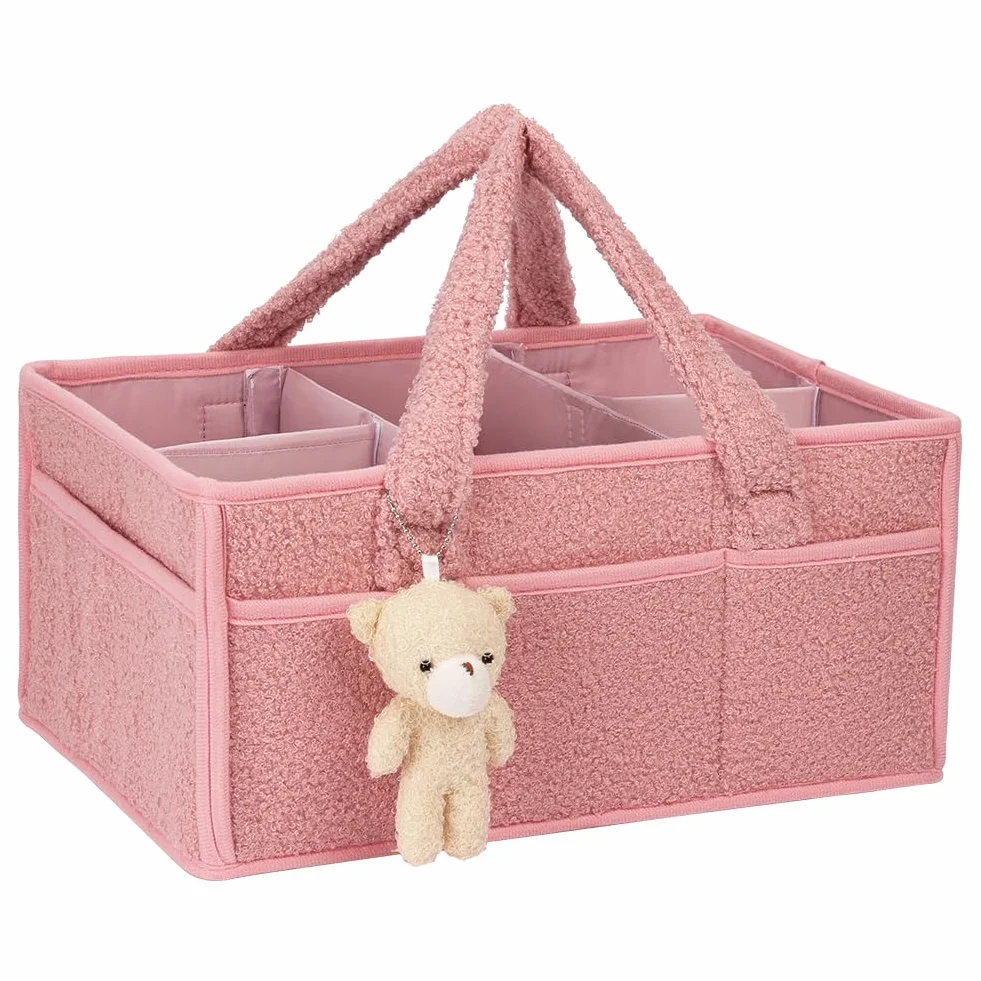 Organizer na pieluchy dla niemowląt, przenośny organizer na pieluchy, pluszowy organizer na pieluchy, z przegródkami i uchwytami, pluszowy organizer na pieluchy, duży z misiem, różowy