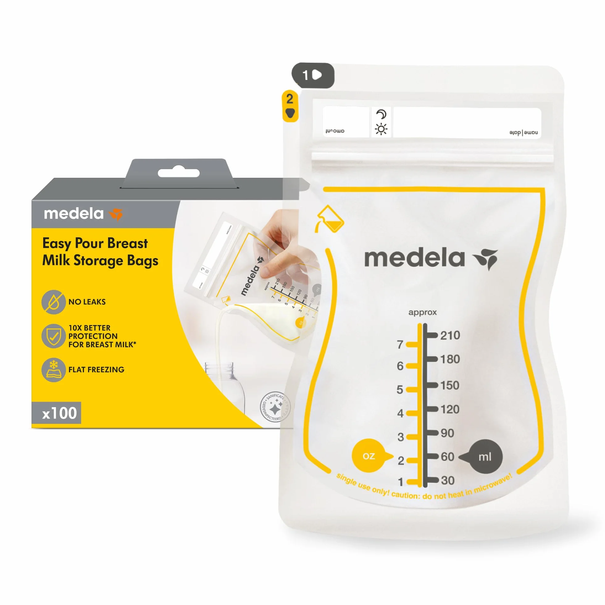 Medela Easy Pour Worki do przechowywania mleka matki, 100 szt., 210 ml, jednorazowe, szczelne, z ochroną mleka, niezbędne do karmienia piersią