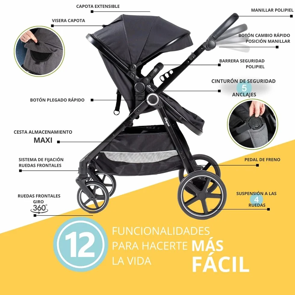 Wózek dziecięcy 2 w 1, model Versa - Interbaby | Uniwersalny wózek dziecięcy z regulowanym siedziskiem i wyściełanym łóżeczkiem dziecięcym – od urodzenia do 48 miesięcy lub 22 kg