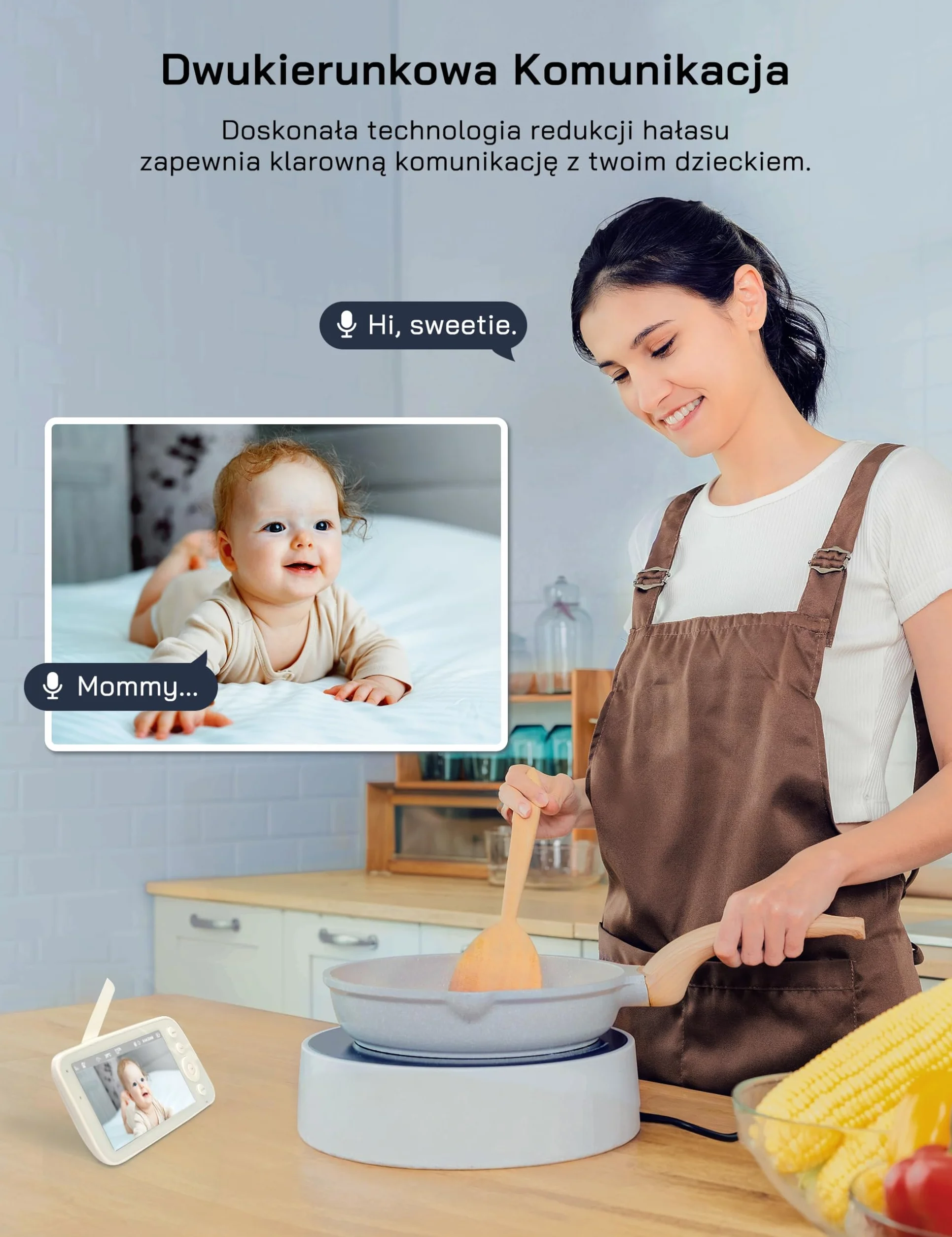 WOLFANG WB03 Baby Monitor 5" 720P z 10-godzinną baterią, kamera 1080P z noktowizorem i 2-krotnym zoomem cyfrowym, monitor wideo Pan-Tilt-Zoom bez WiFi, 2-drożna rozmowa, temperatura, 8 kołysanek