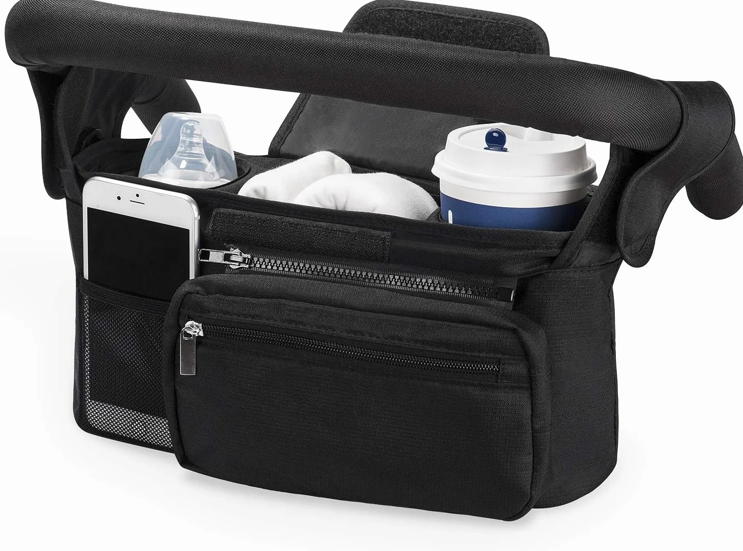Momcozy Organizer do wózka dziecięcego, 3 izolowane uchwyty na kubek, odpinana kieszeń zapinana na zamek, regulowany pasek na ramię, duża pojemność na niezbędne akcesoria dla niemowląt, kompaktowa