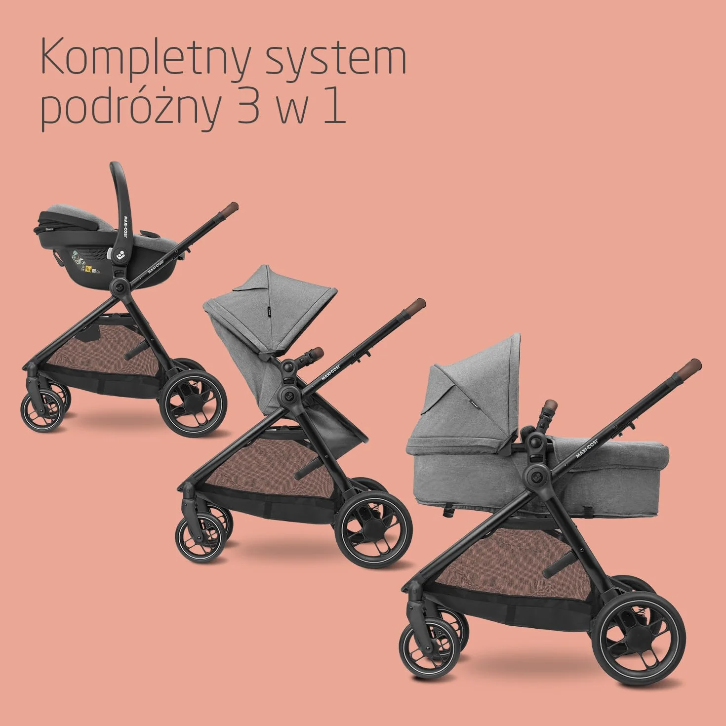 Maxi-Cosi Zelia S Trio Wielofunkcyjny Wózek Dziecięcy 3w1, 0–4 Lata, do 22 kg, Składany, Kompakt i Odchylany Wózek Spacerowy z Fotelik Samochodowy CabrioFix S i-Size i Torbą z Akcesoriami, Szary