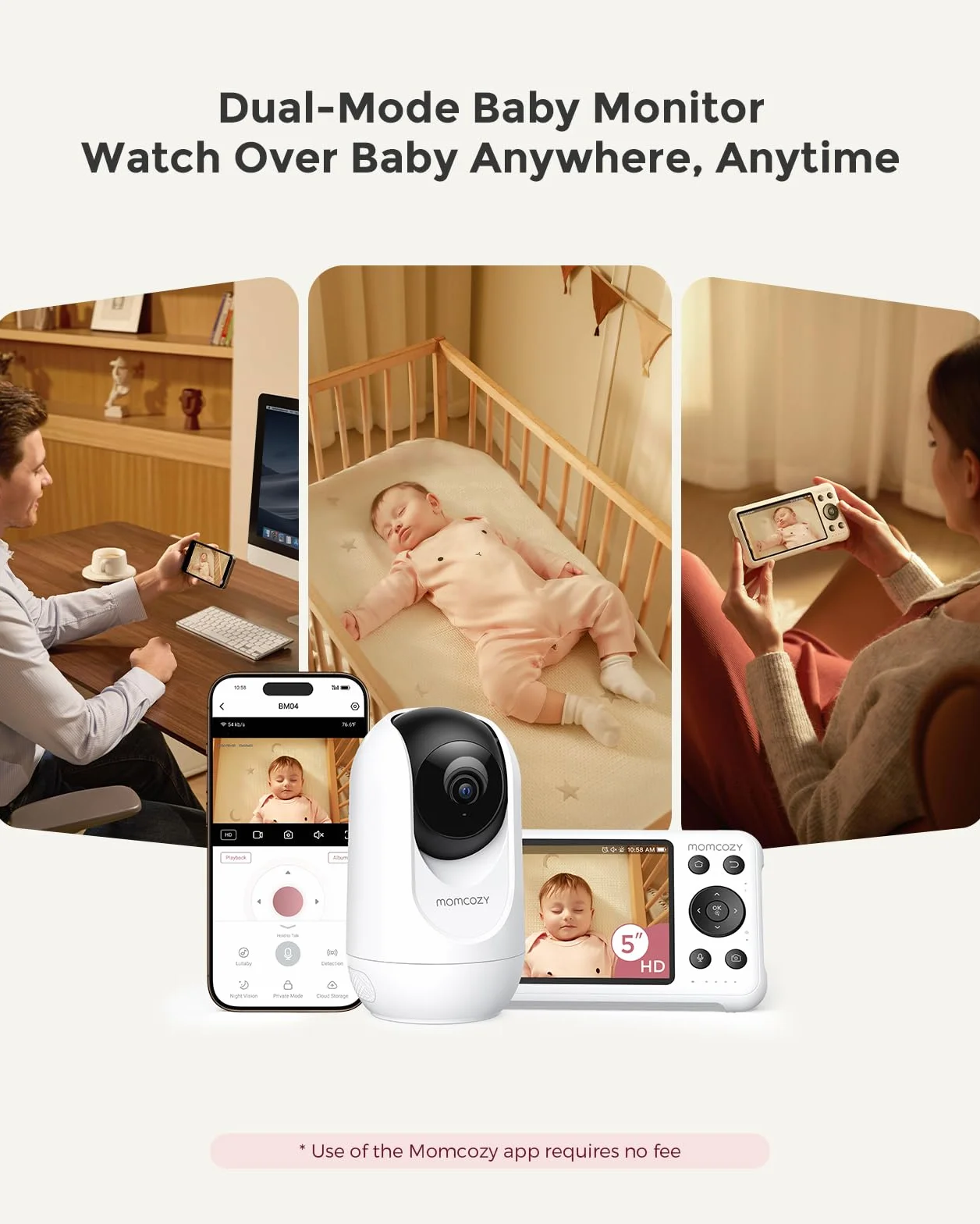 Monitor wideo dla niemowląt Momcozy BM04, 5-calowy monitor Wi-Fi 1080P, 4-krotny zoom, wykrywanie ruchu i płaczu, bezpieczna strefa, wyraźny obraz w nocy