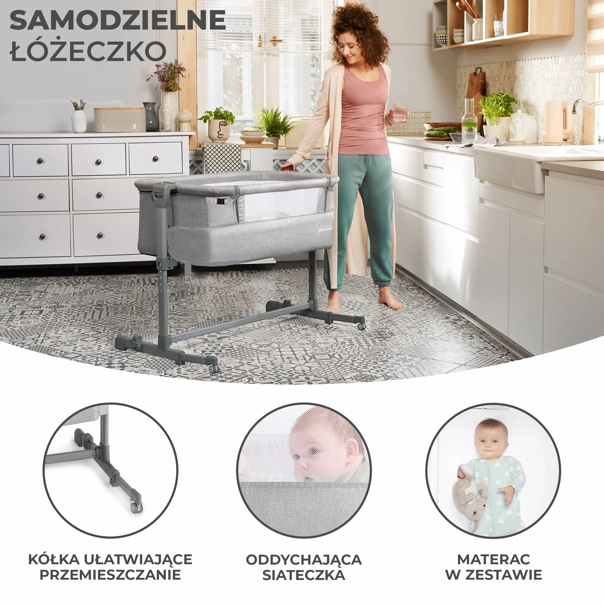 Kinderkraft KKLNESTGRY000N Łóżeczko Dostawne, Szary, Do 9 kg