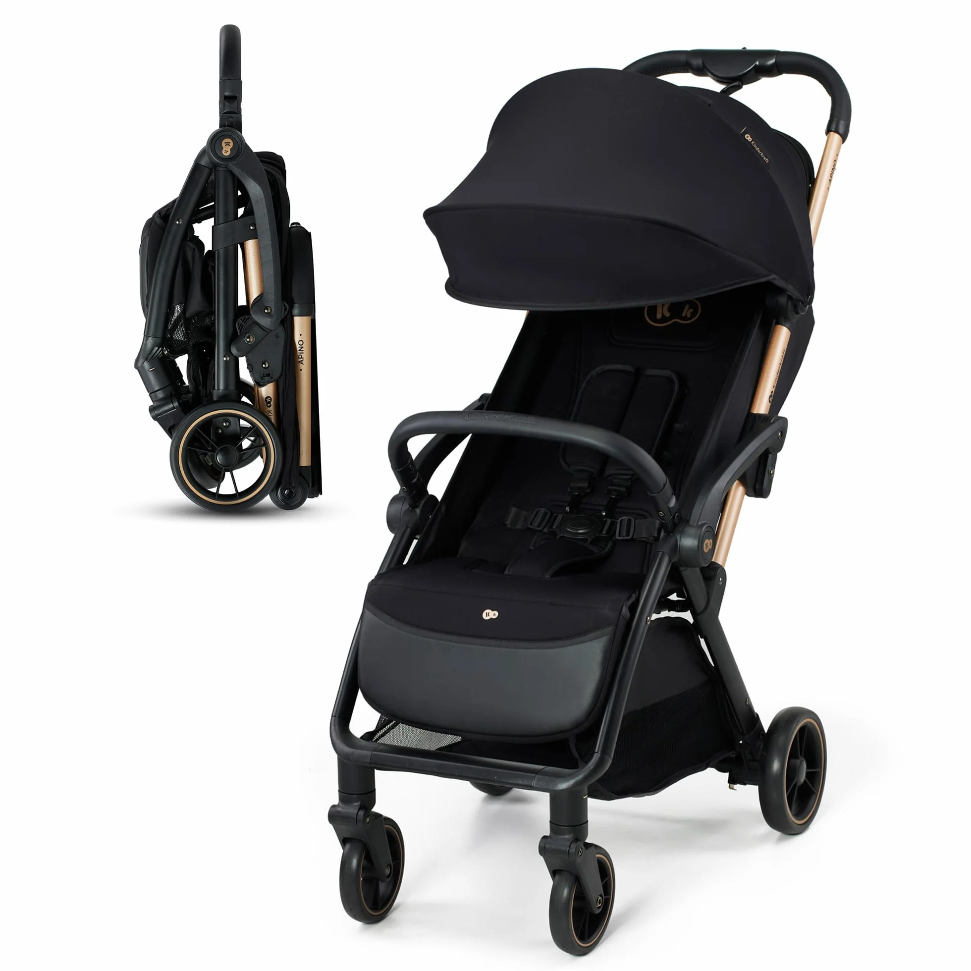 Kinderkraft APINO Lekka Spacerówka, Wózek dziecięcy, Idealny na podróż, AUTO FOLDING, Składany, Kompaktowy, Lekki, Tylko 7,5kg, Wodoodporna budka, Regulacja oparcia, obciążenie do 24kg, Czarny