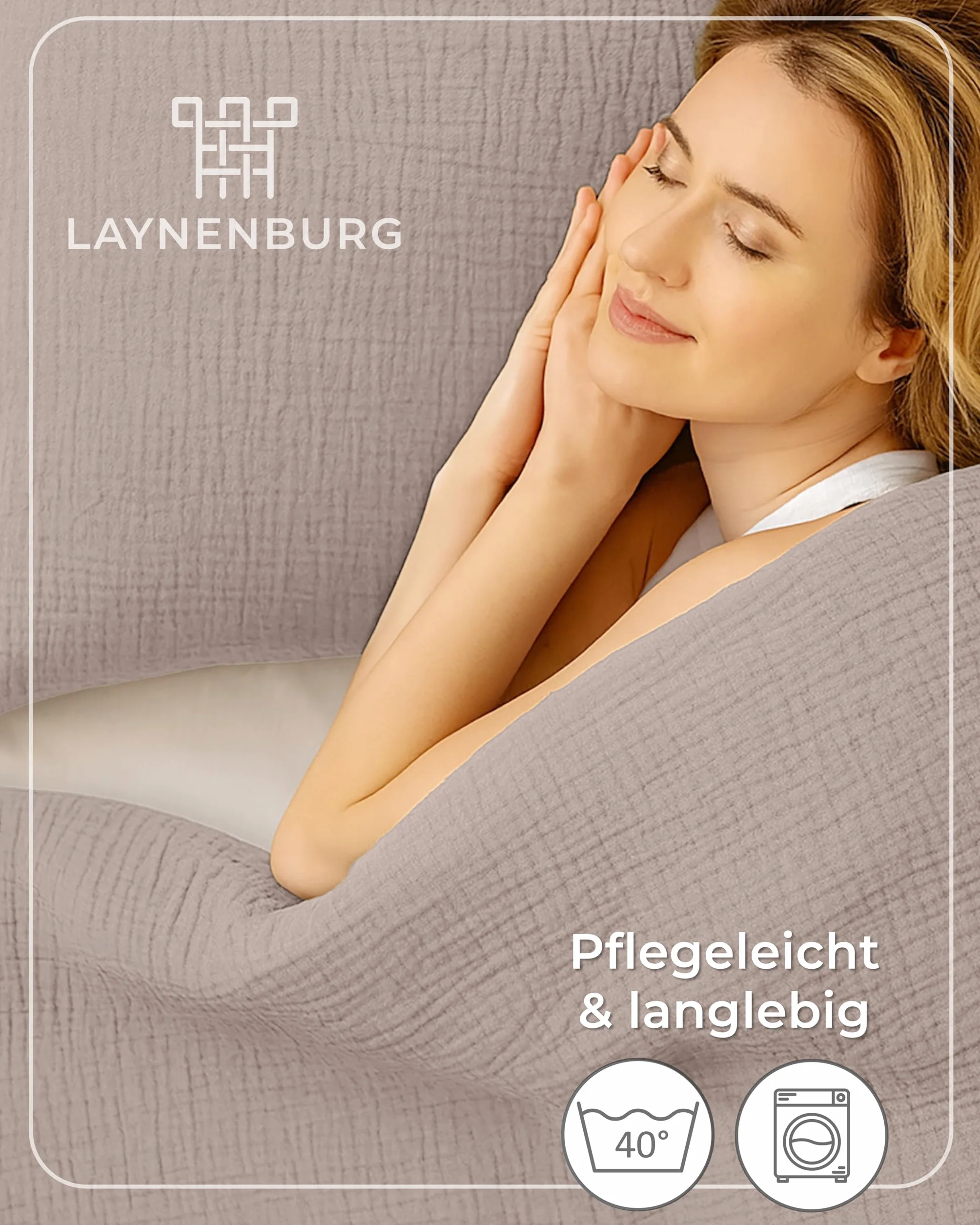 LAYNENBURG Muślinowa poszewka na poduszkę 80 x 80 cm, Oeko-Tex – 100% bawełna – oddychająca i nie wymaga prasowania – 3-warstwowa muślina z zamkiem błyskawicznym i taśmami mocującymi (Taupe)