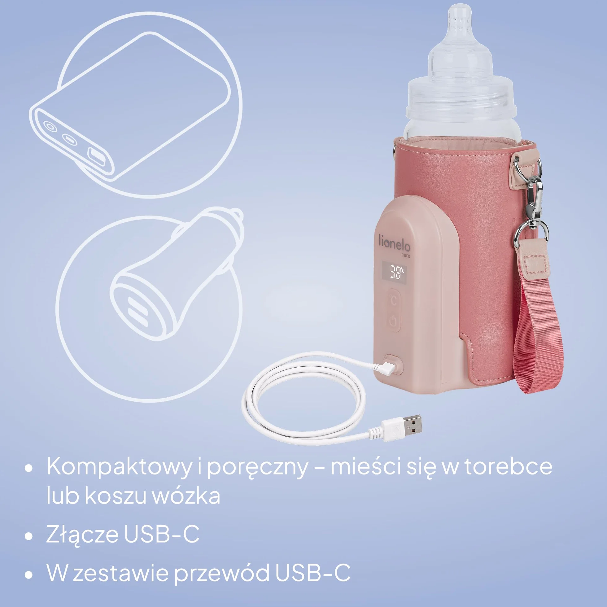 LIONELO Thermup Go Evo Przenośny Podgrzewacz do Butelek dla Niemowląt, 5 Temperatur, USB-C, LCD (Różowy)