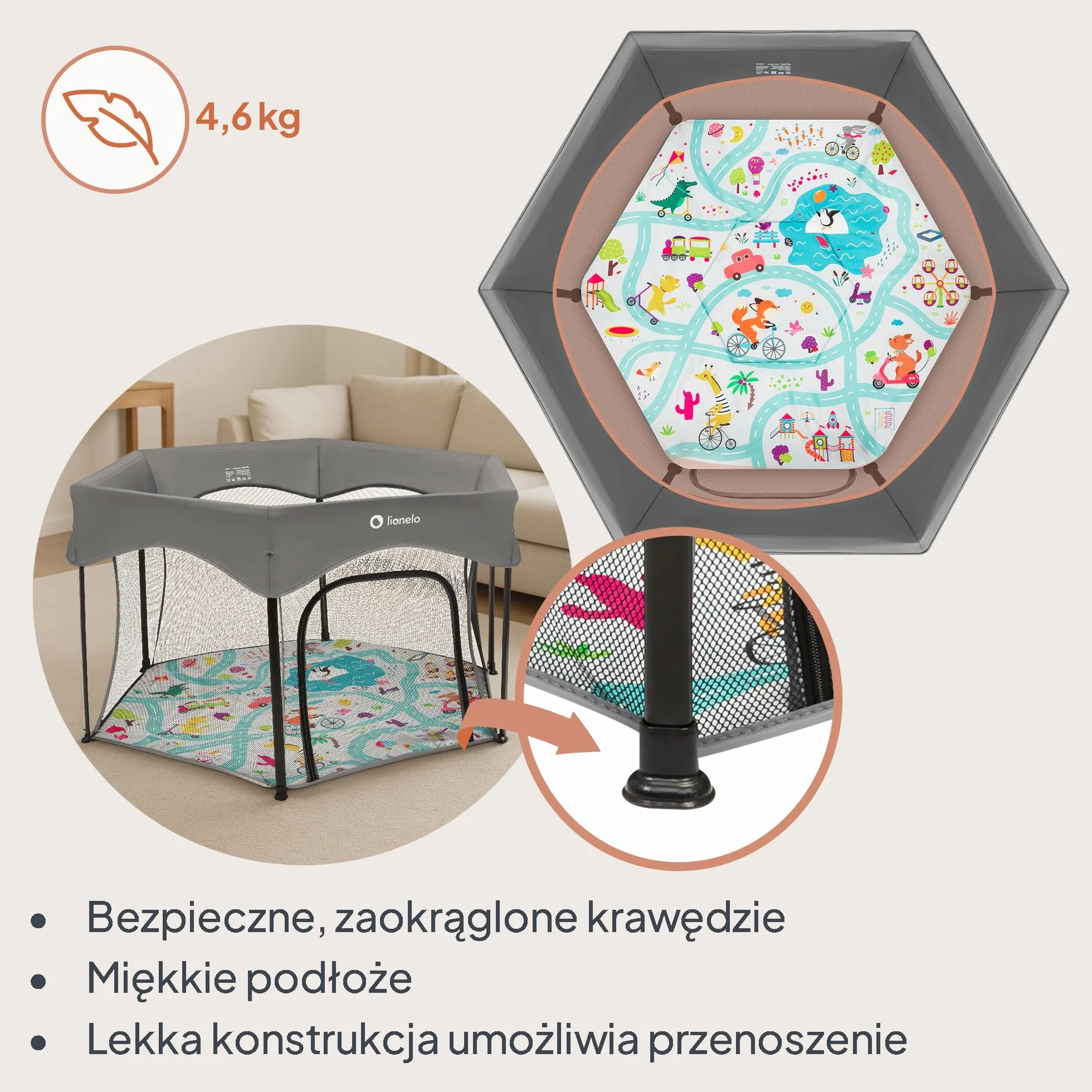 Lionelo Roel Plus Duży Kojec Dziecięcy Składany Przenośny Średnica 134 cm 6–36 mies. 15 kg