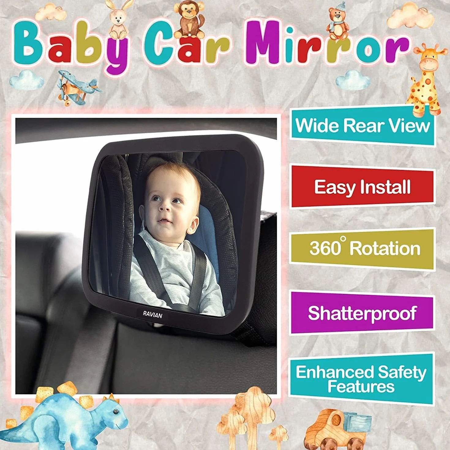 RAVIAN Specchio per Auto per Bambini per Sedile Posteriore - Specchio per seggiolino Auto più Sicuro con Vista cristallina, infrangibile
