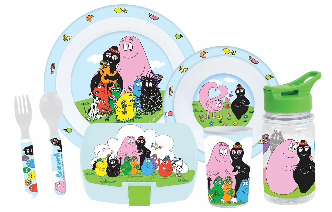 FUN HOUSE Barbapapa kompletny zestaw pudełek na posiłki dla dzieci, 1 szklanka, 2 talerze + sztućce, butelka i pojemnik na przekąski, oficjalna licencja, wielokrotnego użytku i mikrofalówka, pomysł na