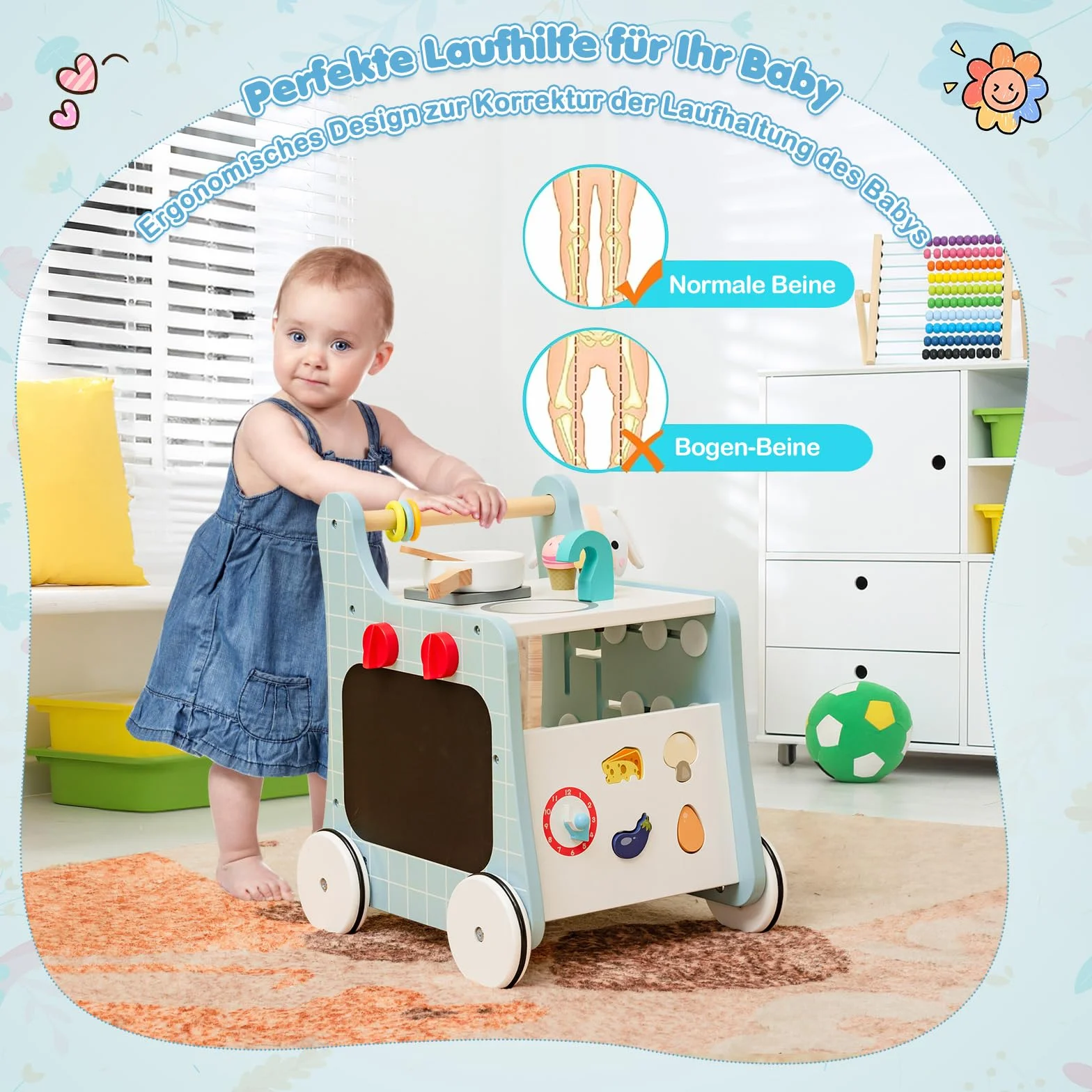 COSTWAY Drewniany wózek do nauki chodzenia 6 w 1, Baby Walker z kuchnią do zabawy