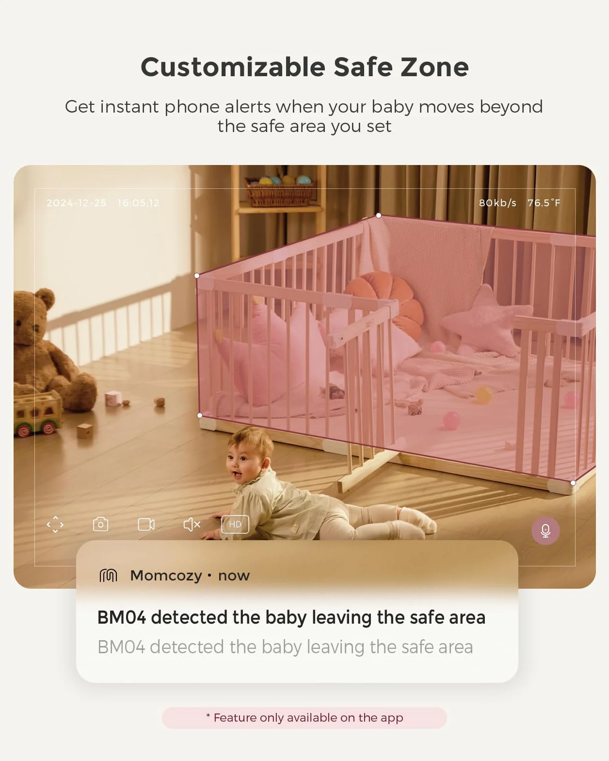 Monitor wideo dla niemowląt Momcozy BM04, 5-calowy monitor Wi-Fi 1080P, 4-krotny zoom, wykrywanie ruchu i płaczu, bezpieczna strefa, wyraźny obraz w nocy