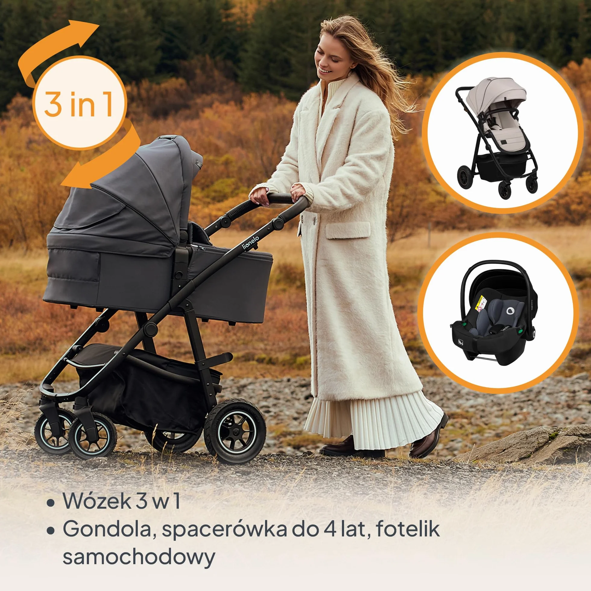 LIONELO AMBER PLUS 3w1 Wielofunkcyjny Wózek Dziecięcy od 0 do 4 lat do 22kg z Gondolą XL, Fotelik Samochodowy do 13kg, Regulacja Oparcia, Duże Terenowe Koła 360° Budka XXL