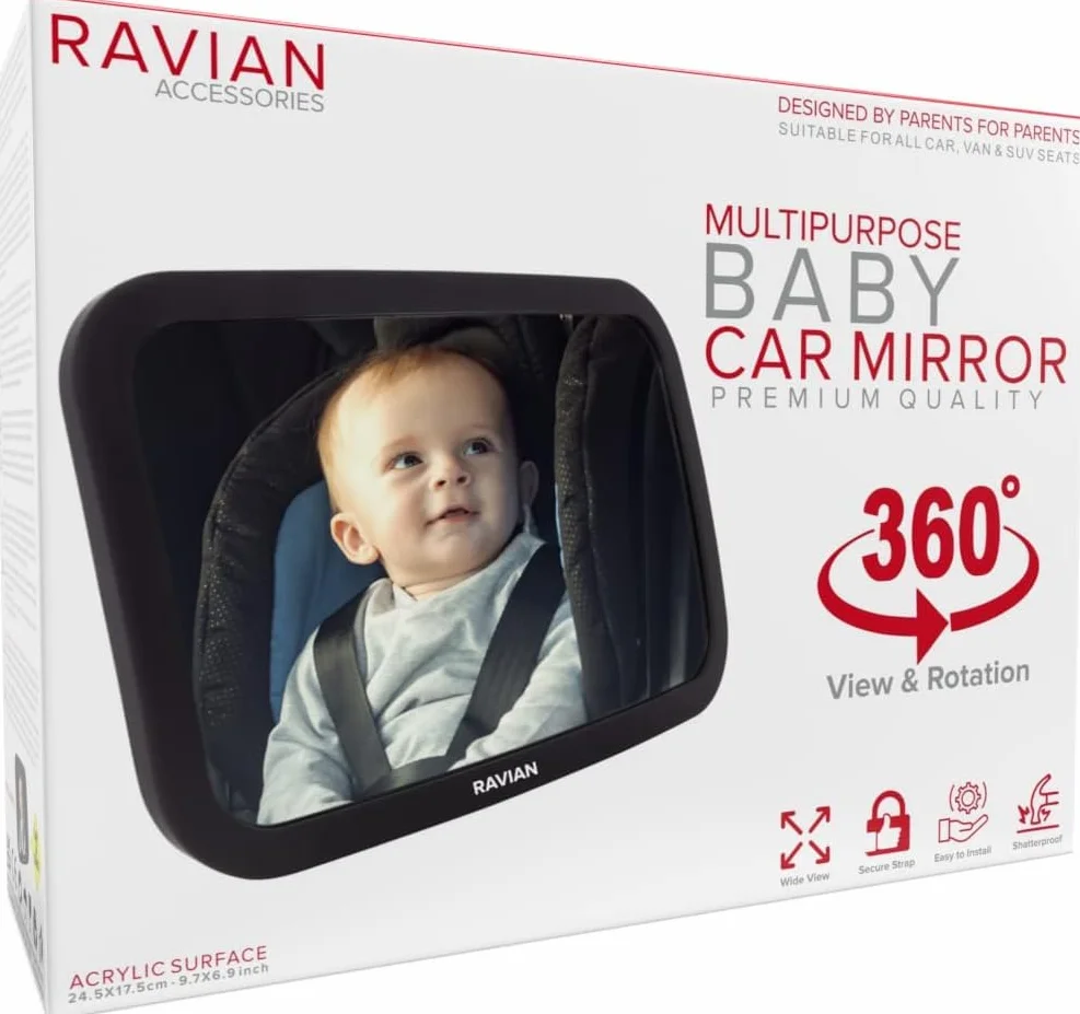 RAVIAN Specchio per Auto per Bambini per Sedile Posteriore - Specchio per seggiolino Auto più Sicuro con Vista cristallina, infrangibile