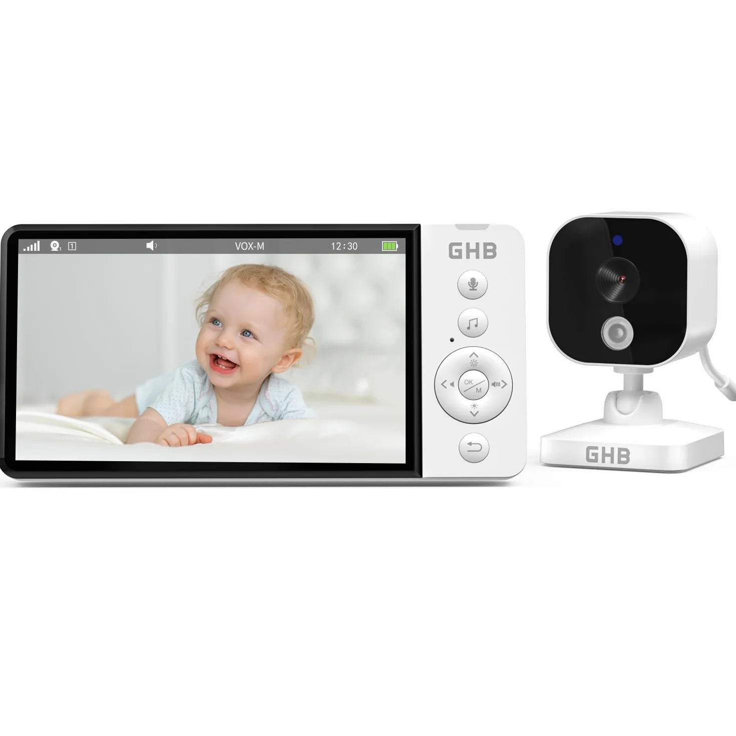 GHB Babyphone Camera 5" 720P HD Ekran IPS Zoom 4X 8 kołysanek noktowizor VOX czujnik temperatury bez zdalnego obrotu
