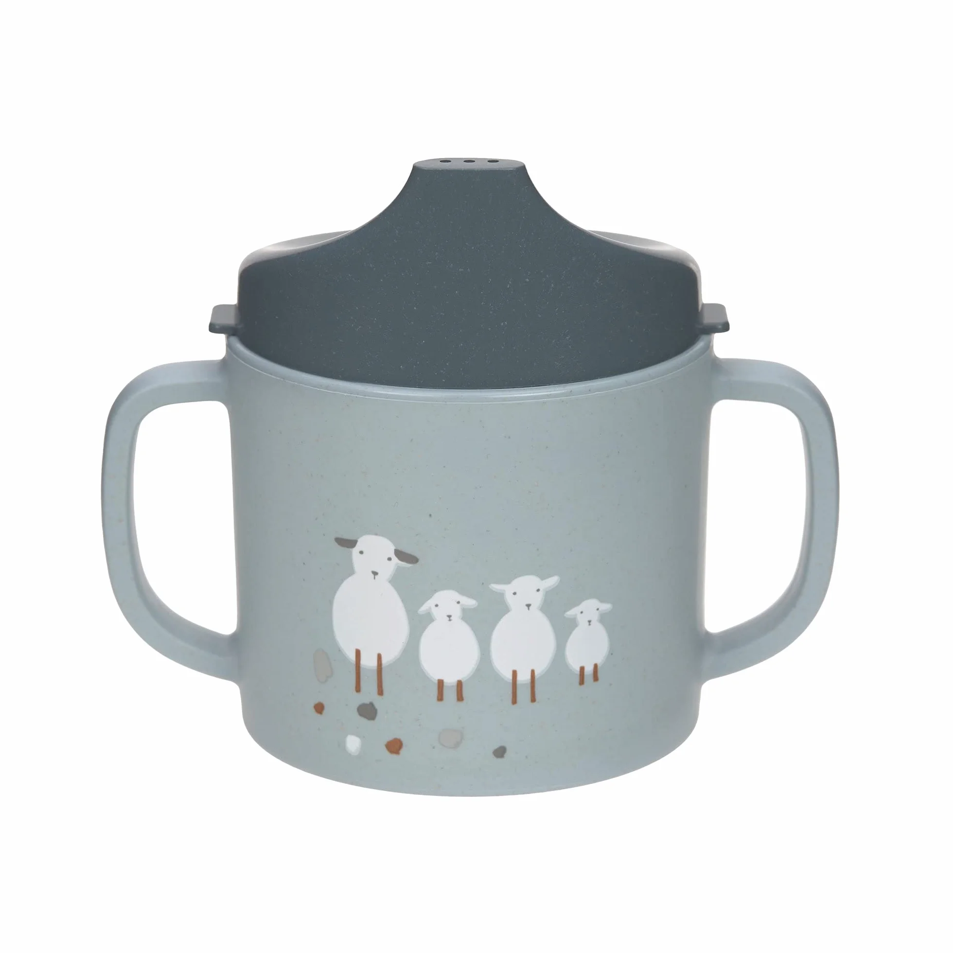 LÄSSIG Kubek do nauki picia dla dzieci z uchem i zdejmowaną pokrywką 150 ml/Sippy Cup Tiny Farmer Sheep/Goose Blue