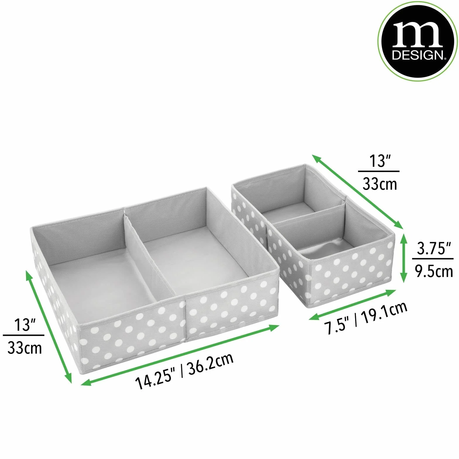 mDesign Pudełko do przechowywania w zestawie 8 sztuk - 2 różnych rozmiarach z 2 przegródkami każda do pokoju dziecięcego - kosze do przechowywania w kropki - szare i białe