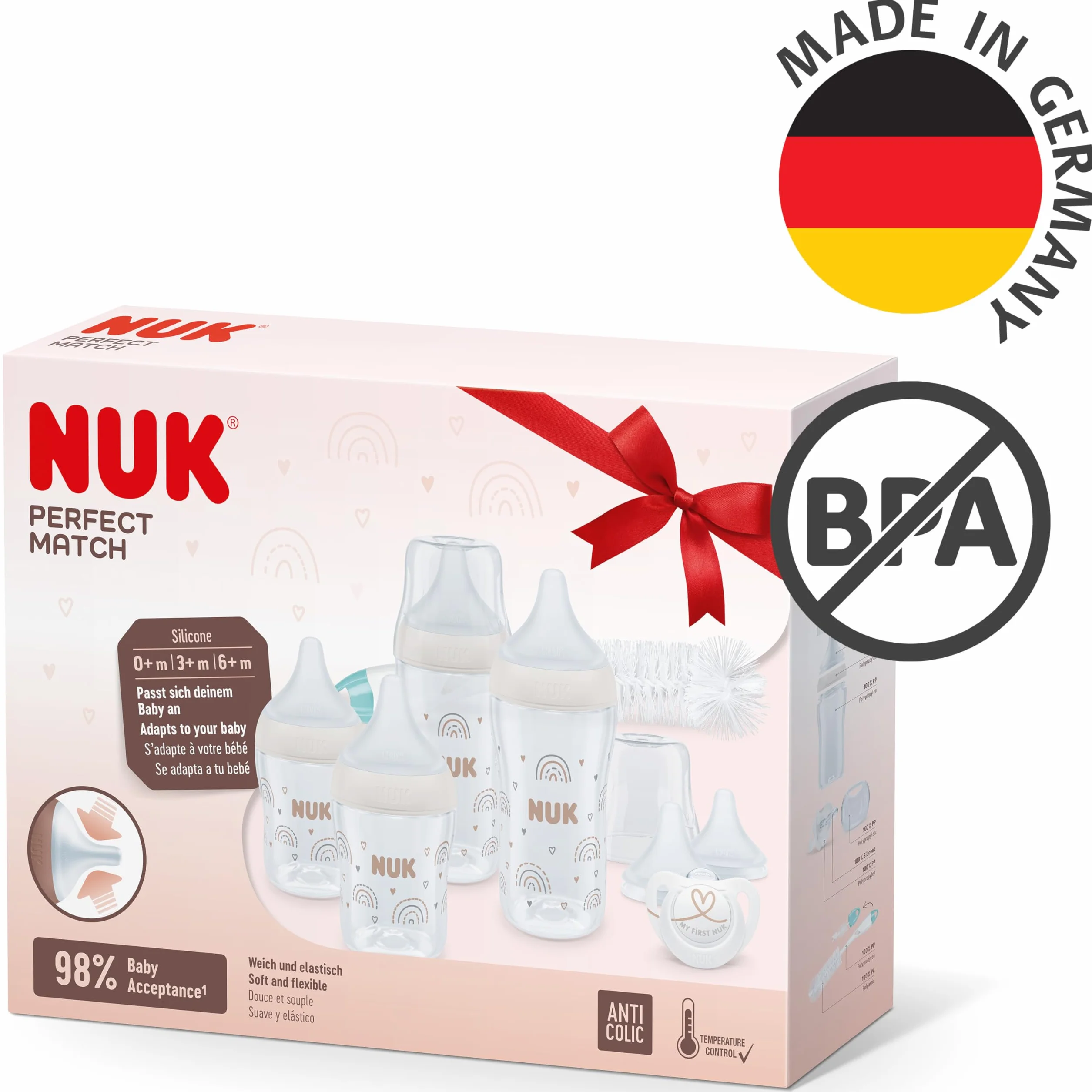NUK Perfect Match Perfect Start Zestaw butelek dla niemowląt, 0-6 miesięcy, dostosowują się do podniebienia dziecka, 4 x antykolkowe butelki dla niemowląt, smoczek, szczotka do butelek i inne, bez