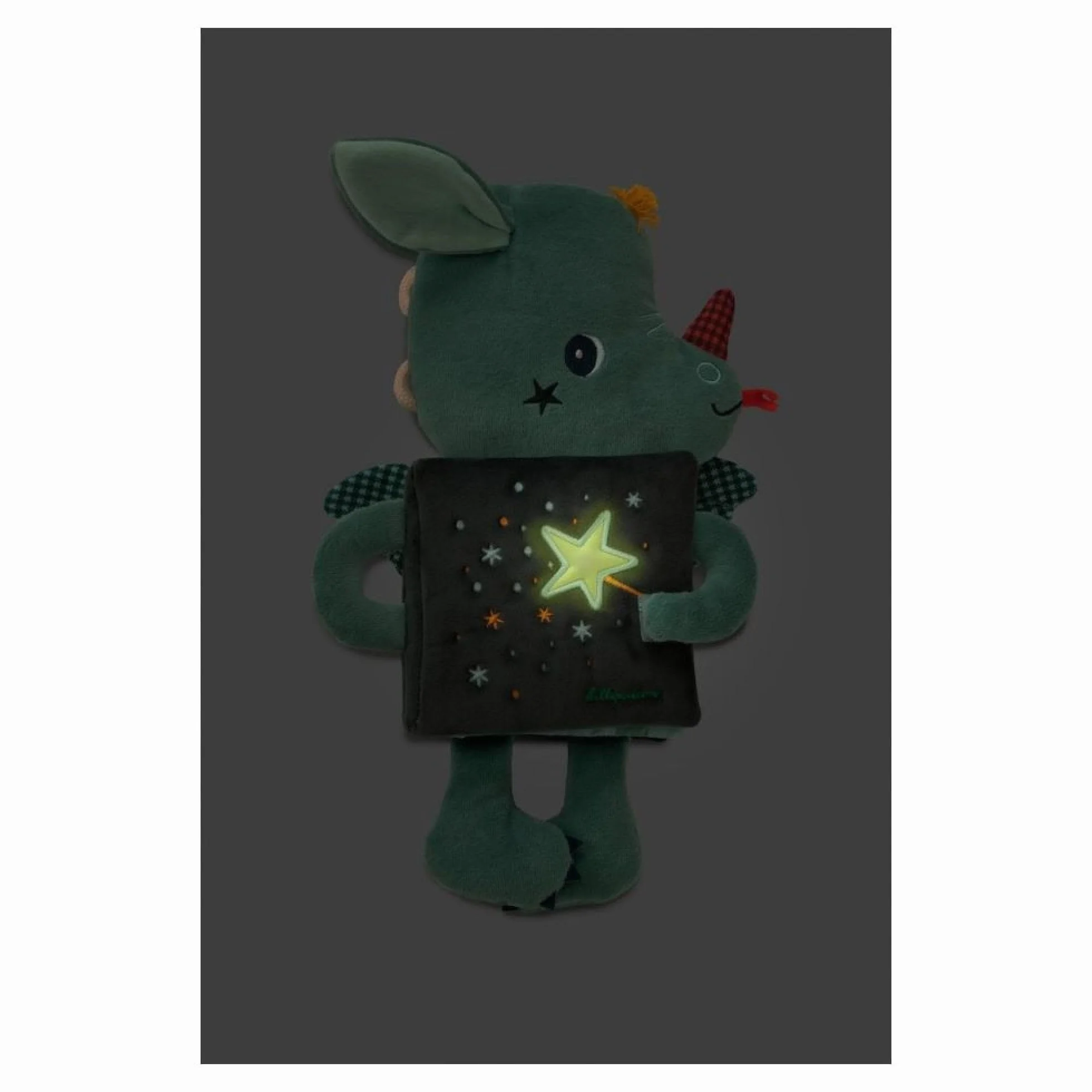 Lilliputiens Książka edukacyjna Doudou Joe the Dragon Mag 2 w 1 sensoryczna zabawka dla dzieci od 6 miesięcy fosforescencja