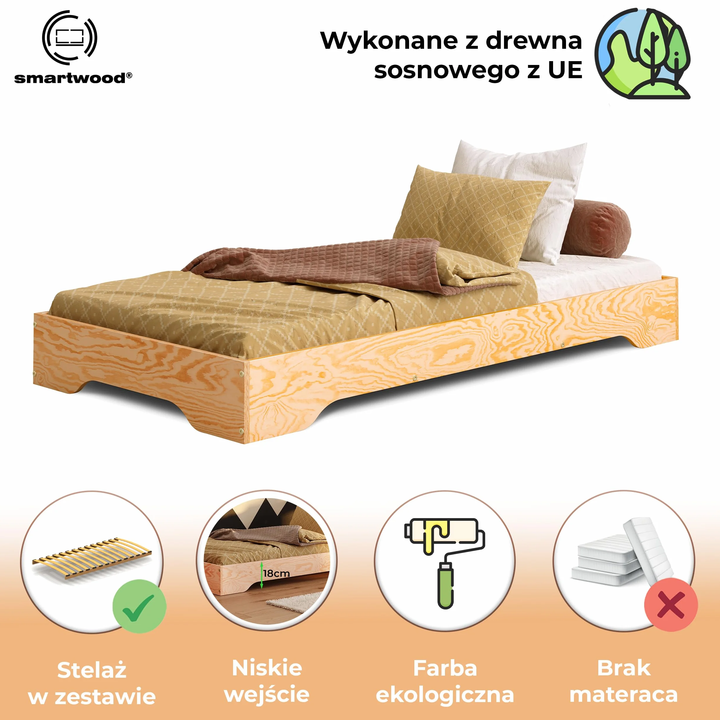 Smartwood Drewniane Łóżko Dla Dziecka 90x200 cm Podłogowe - Jednoosobowe Z Stelażem do 230 Kg - Lakierowane Łóżko Dziecięce Montessori - TILA 7