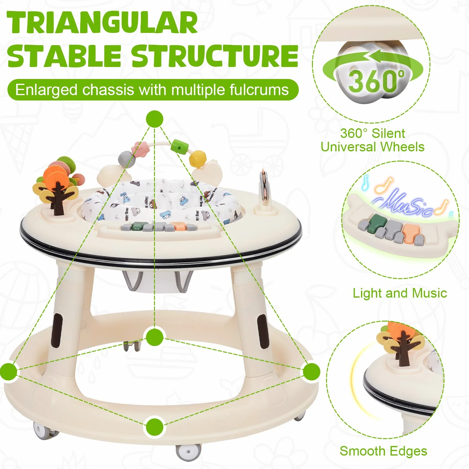 Chodzik dla małych dzieci z półką muzyczną, bezpieczny wózek do nauki chodzenia z cichym kątem 360°, składany wózek do nauki chodzenia dla dzieci w wieku od 9 do 18 miesięcy