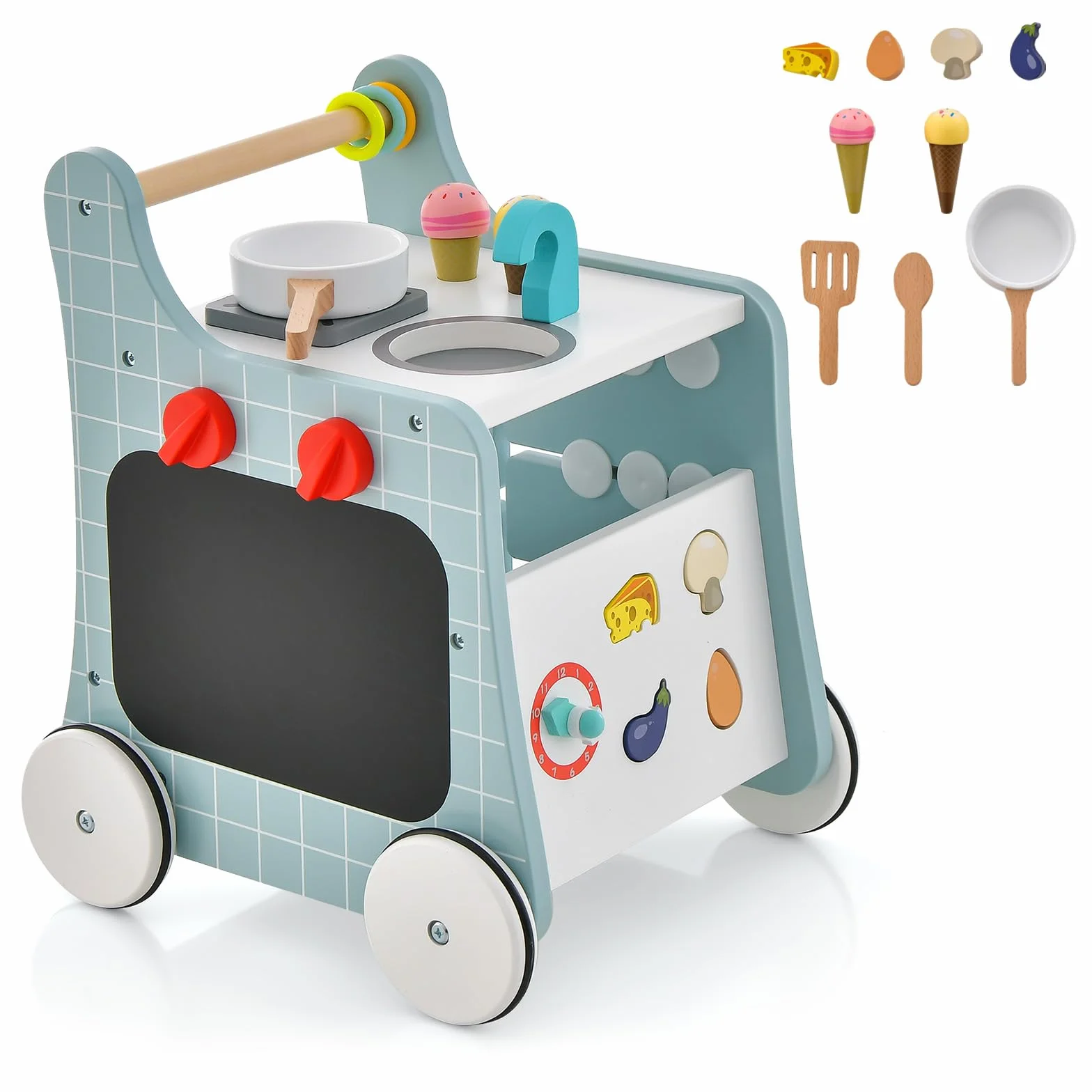 COSTWAY Drewniany wózek do nauki chodzenia 6 w 1, Baby Walker z kuchnią do zabawy