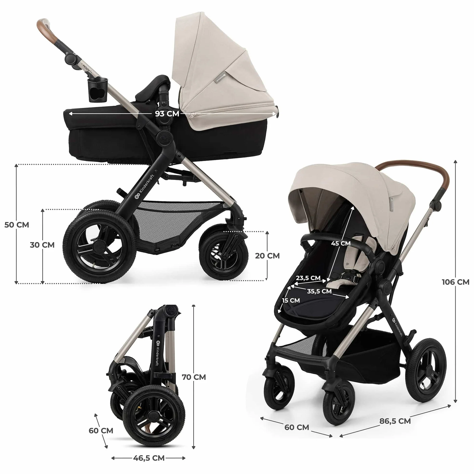 Kinderkraft MOOV 2 AIR 3 w 1 fotelik samochodowy Mink PRO I-Size system podróżny wózek dziecięcy krzesełko spacerowe składane od urodzenia do 3 lat Szary