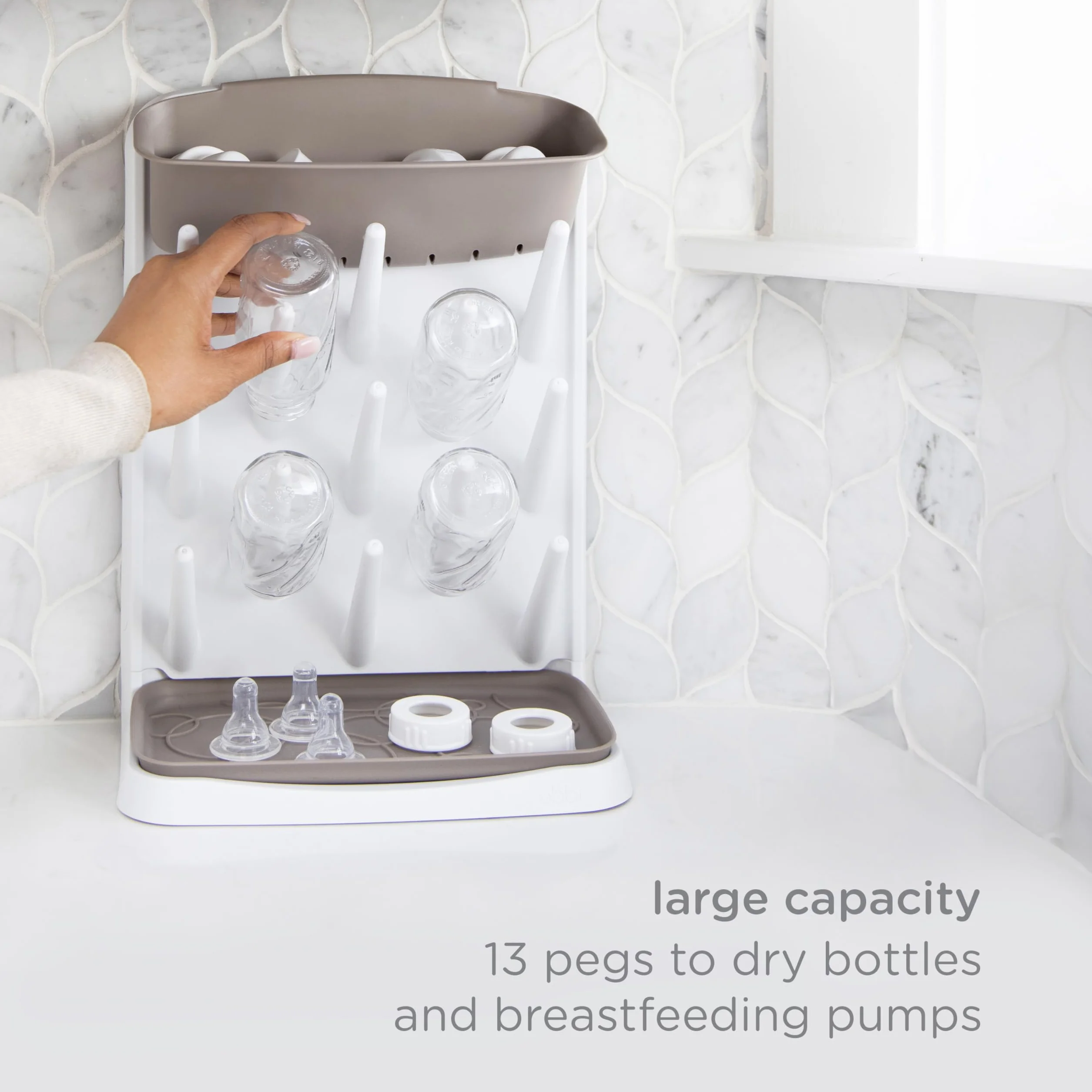 Ubbi Vertical Baby Bottle Drying Rack, Space Saving Countertop Drying Rack Baby Accessory, taupe